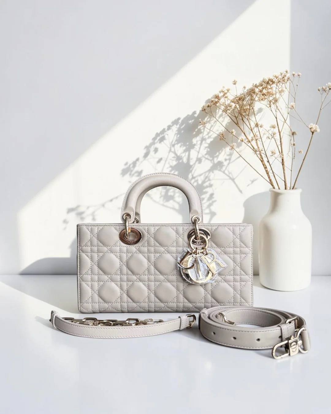 Dior D-Joy Medium Cannage Lambskin Beige Golden Hardware Shoulder Bag