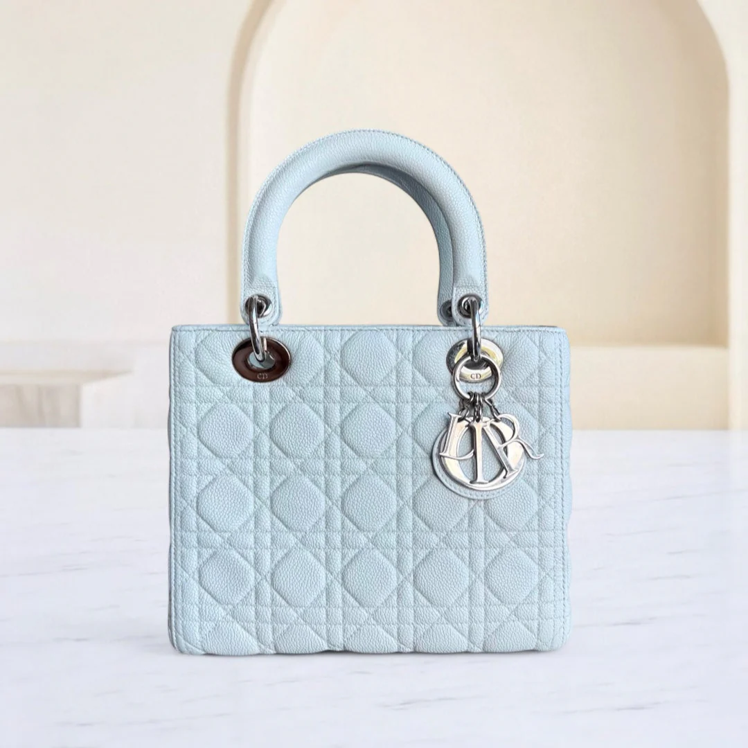Dior Lady Medium Caviar - Grained Calfskin Cannage Glacier White Ice Blue Silver Hardware NO STRAP