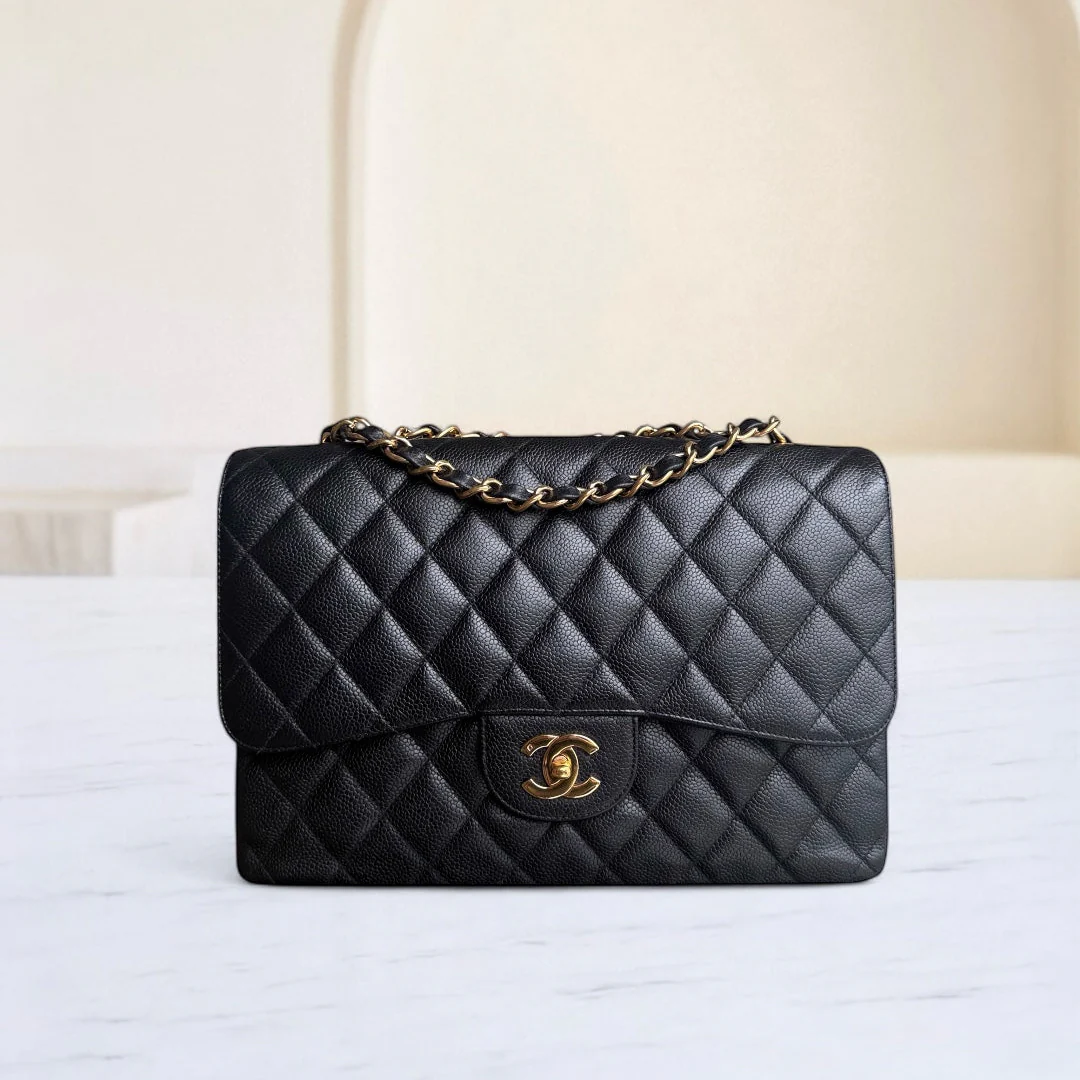 Chanel Classic Flap Jumbo - Caviar 30CM Single Flap Quilted Black 24K Gold Hardware Series 12