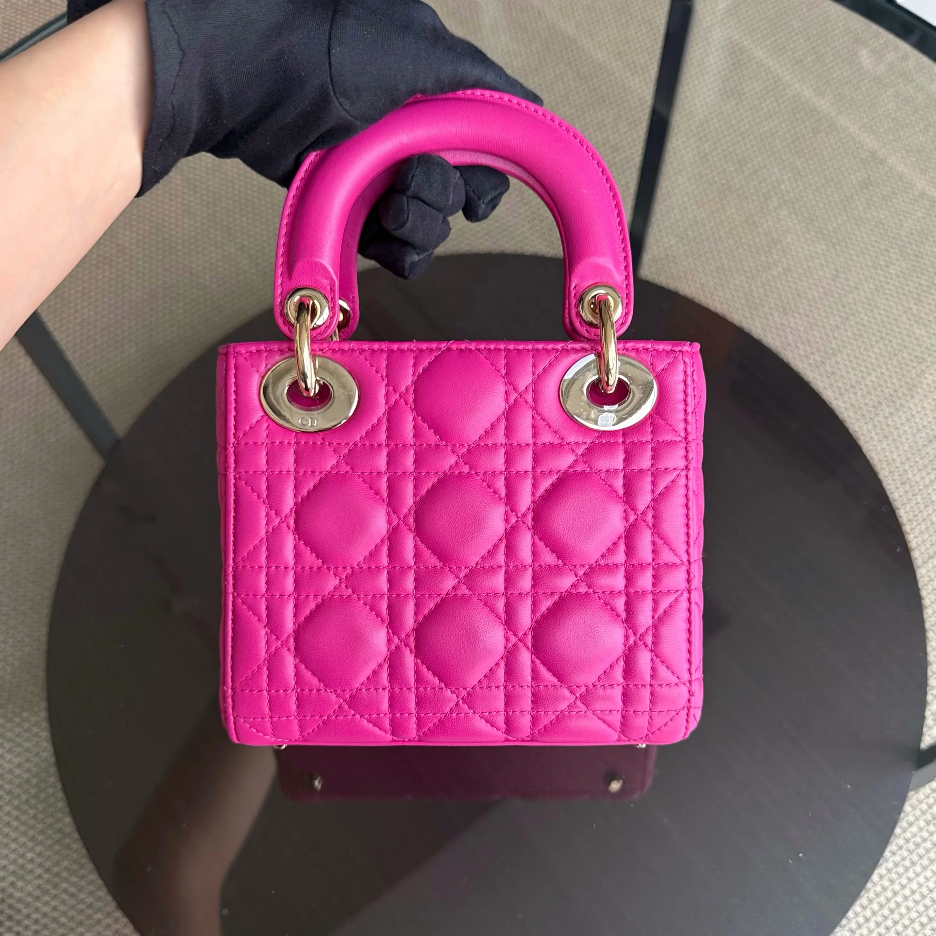 Dior Lady Mini - Cannage Lambskin Hot Pink Gold Hardware Chain Strap