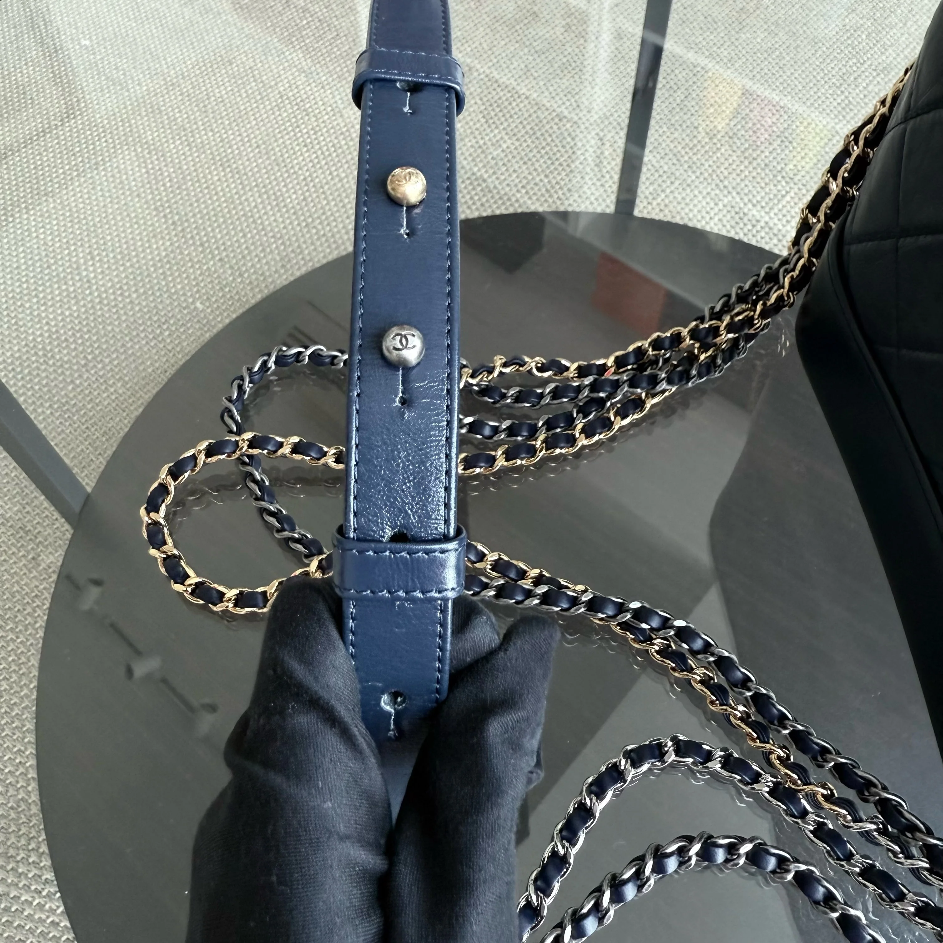 Chanel Gabrielle Small - Quilted Aged Calfskin Dark Blue Two-tone Gold Hardware Series 29