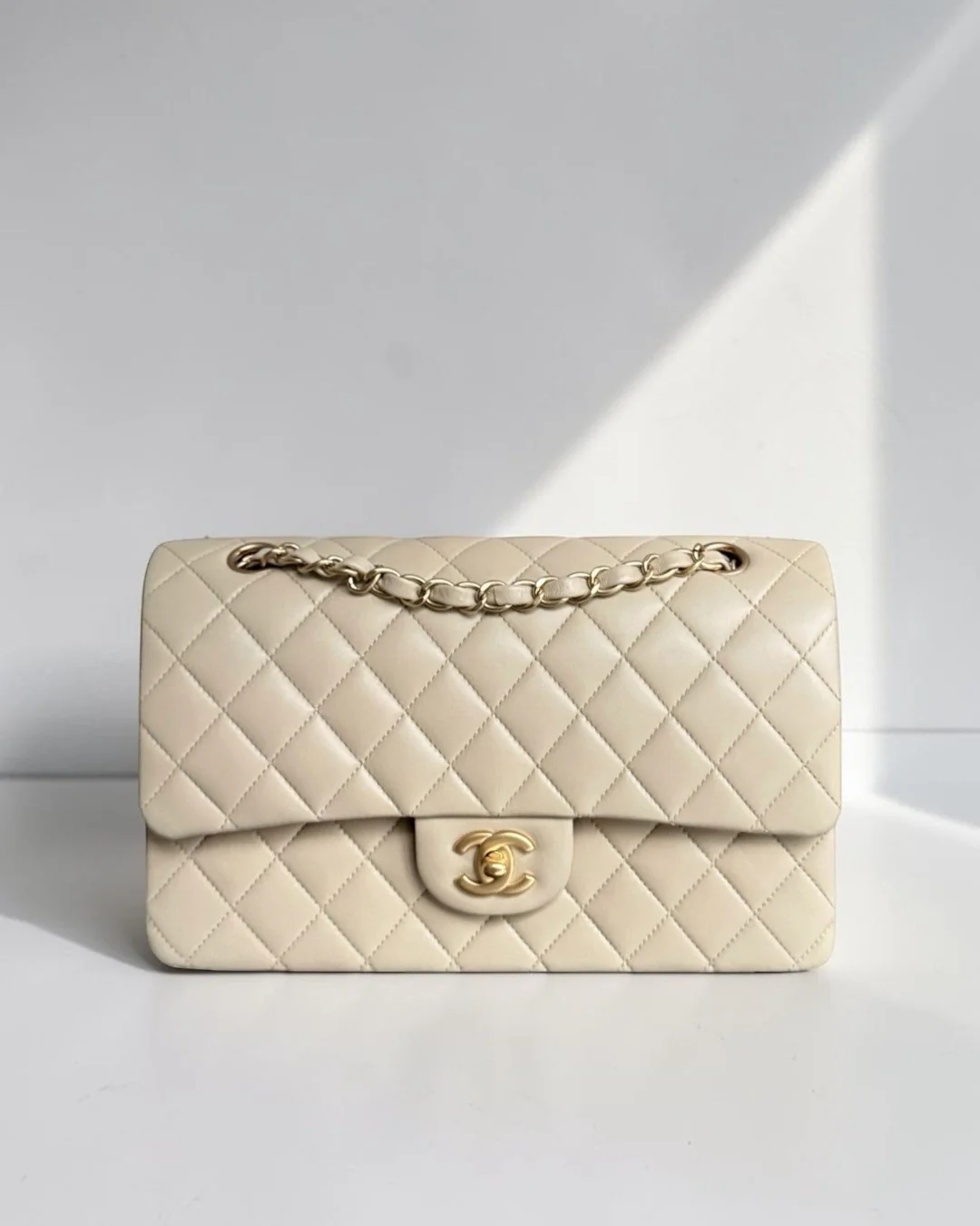 Chanel Classic Flap Medium - 25CM Quilted Lambskin Beige Gray Gold Hardware Series 13