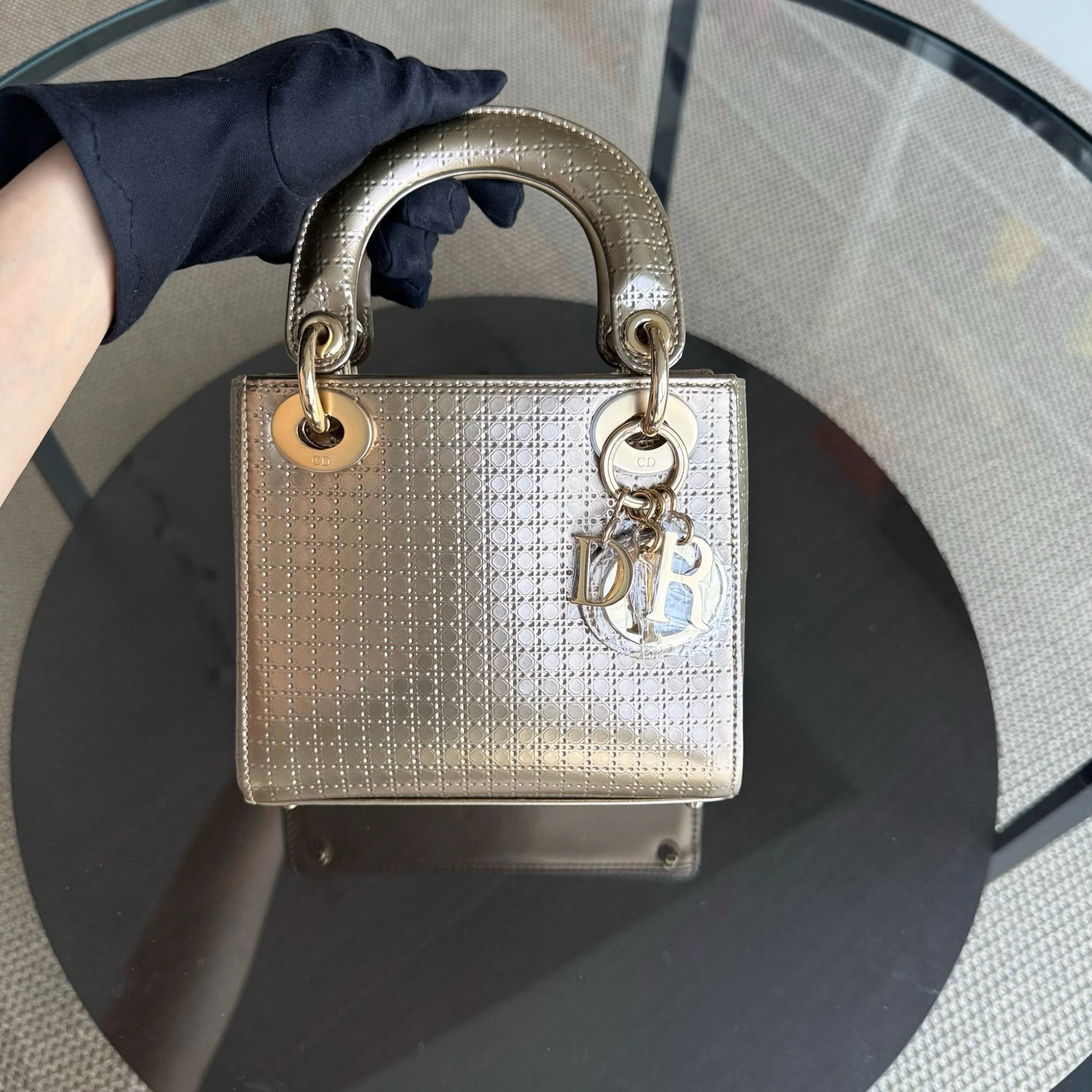 Dior Lady Mini - Calfskin Micro-Cannage Metallic Gold Gold Hardware Chain Strap