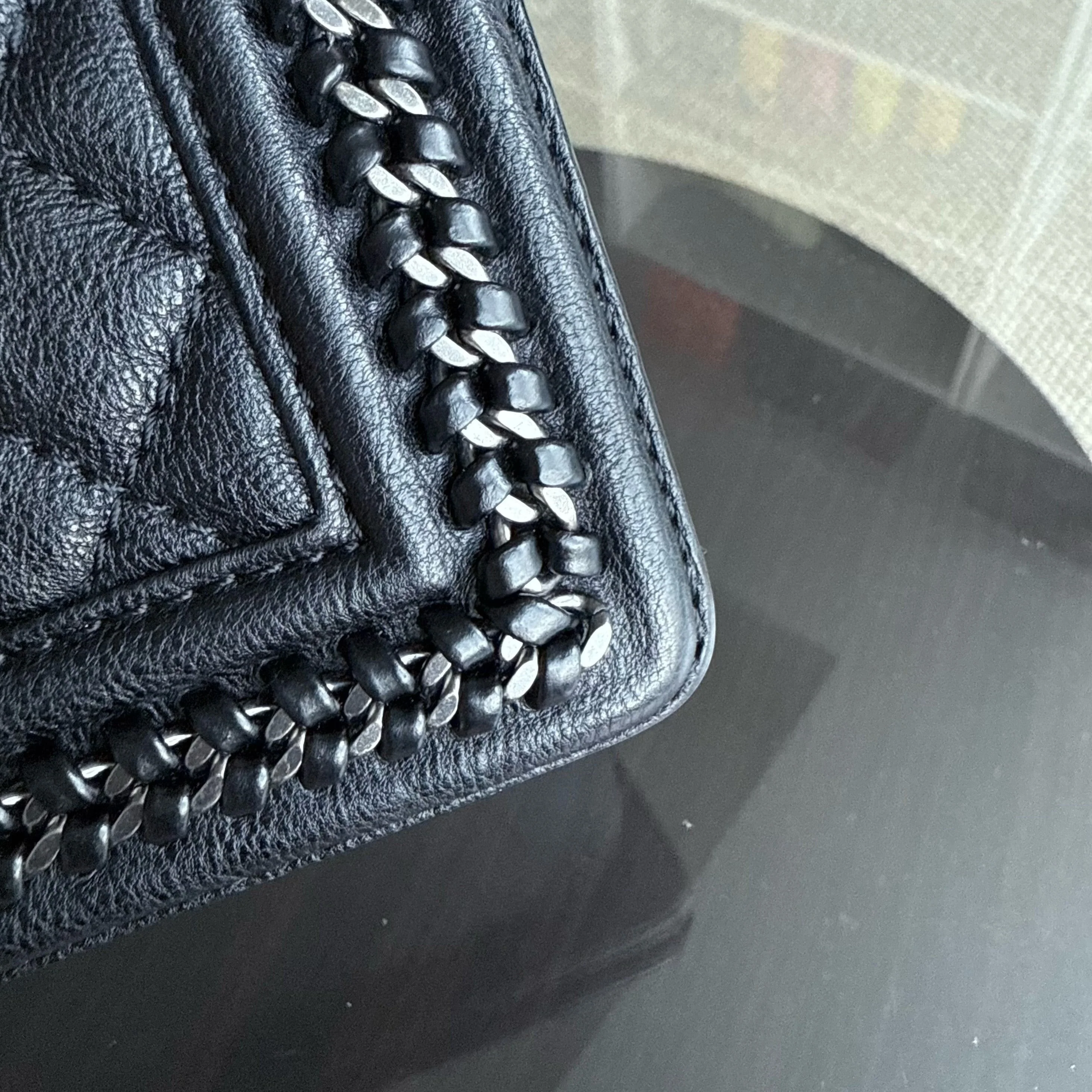 Chanel Boy Handle Old Medium 25CM Black Quilted Caviar With Handle Chain Around Ruthenium Silver Hardware Series 23