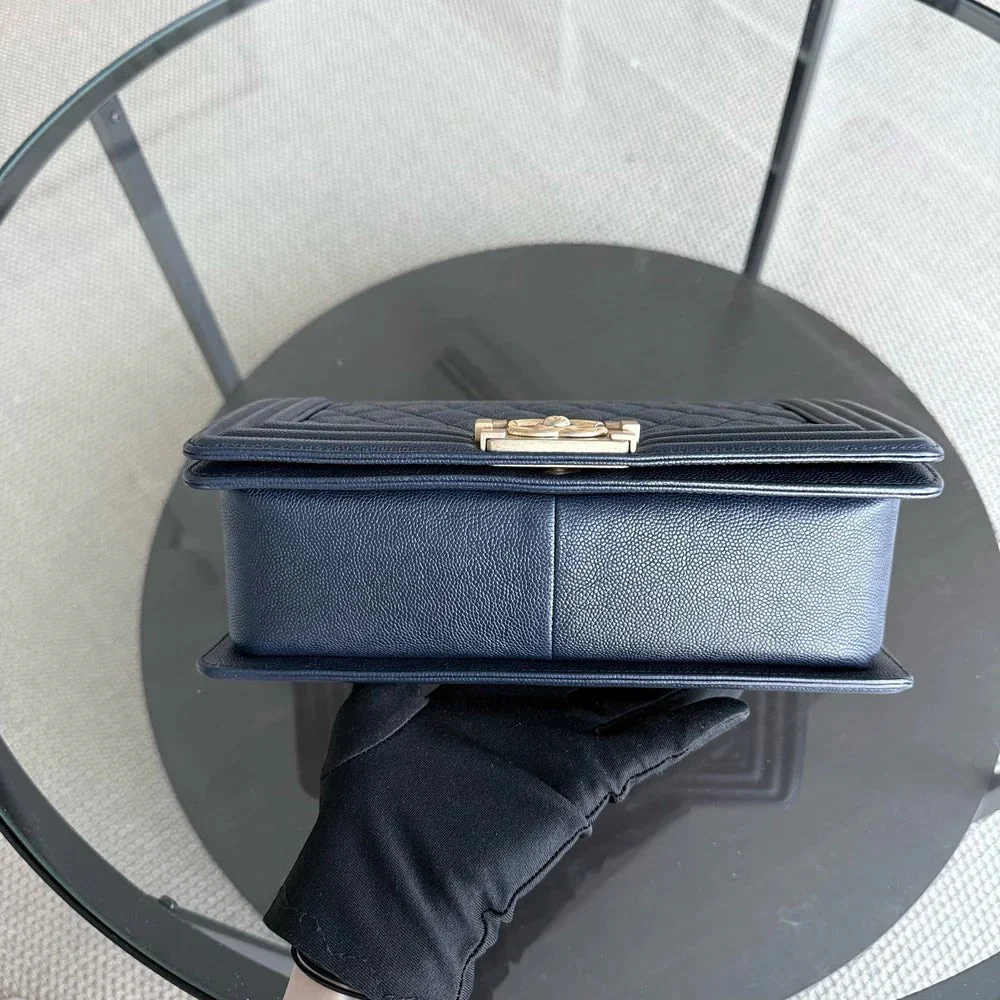 Chanel Boy Medium - Caviar 25CM Quilted Dark Blue Gold Hardware Series 25