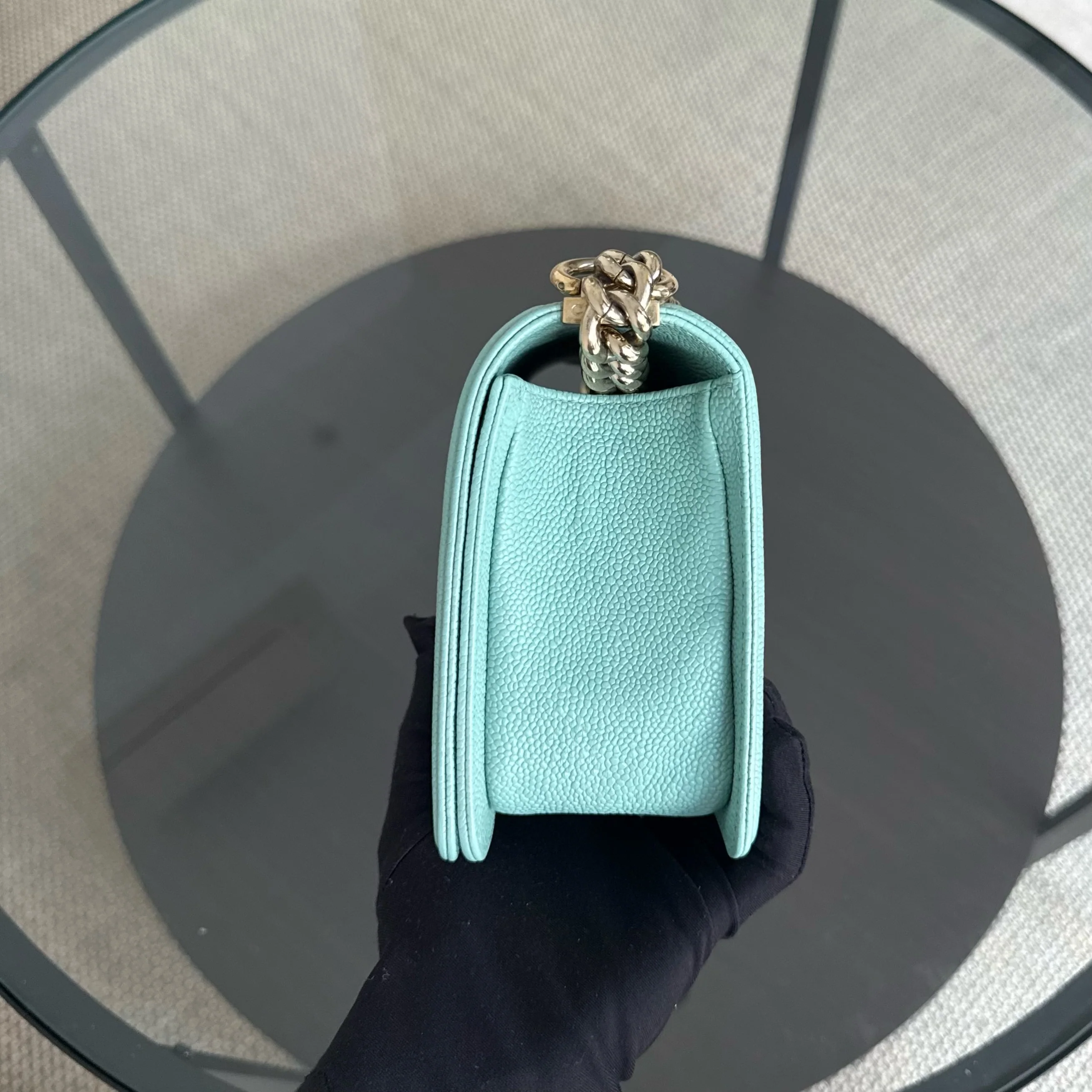 Chanel Boy Medium - 25CM Quilted Tiffany Blue Gold Hardware Series 29