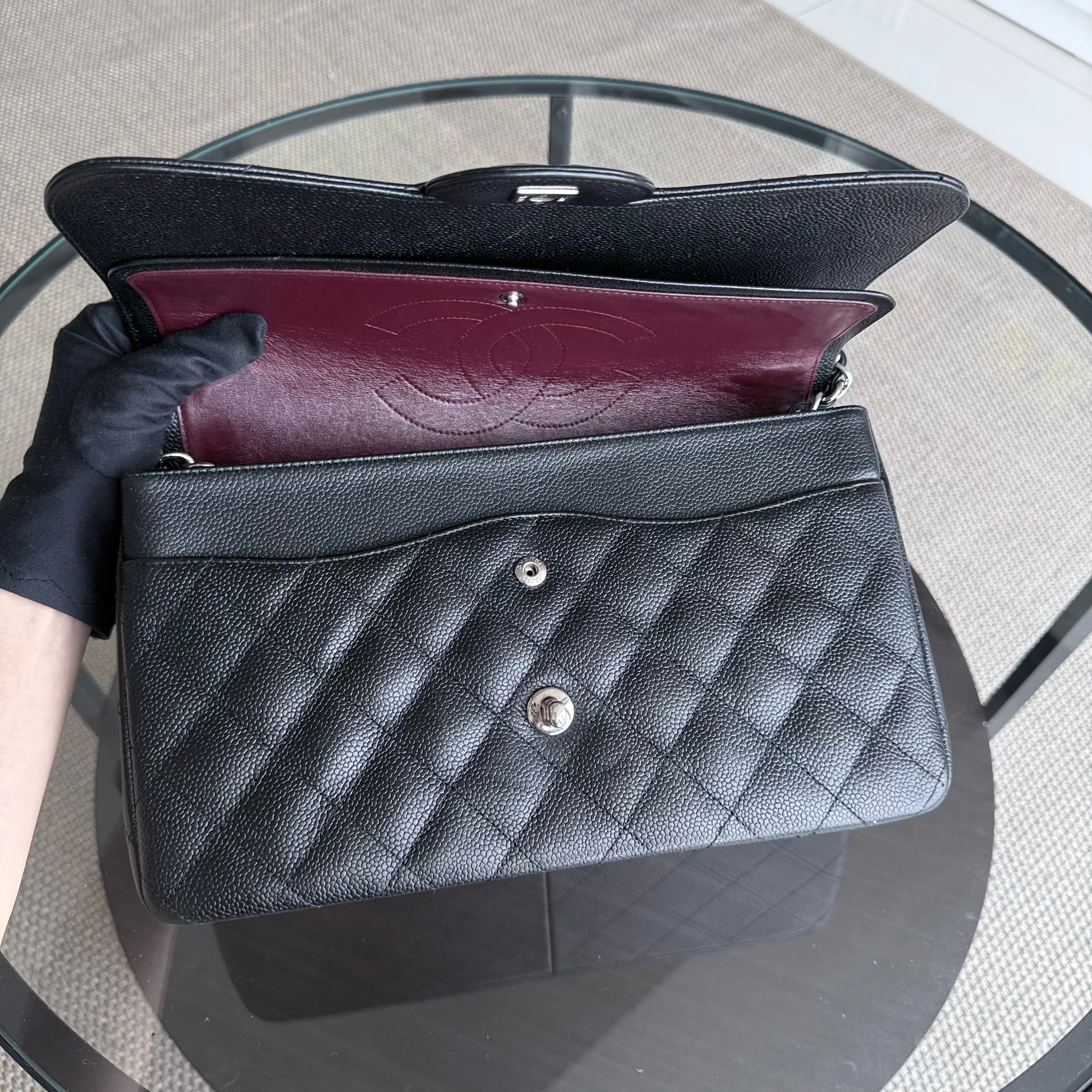 Chanel Classic Flap Jumbo - Caviar 30CM Double Flap Quilted Black Silver Hardware