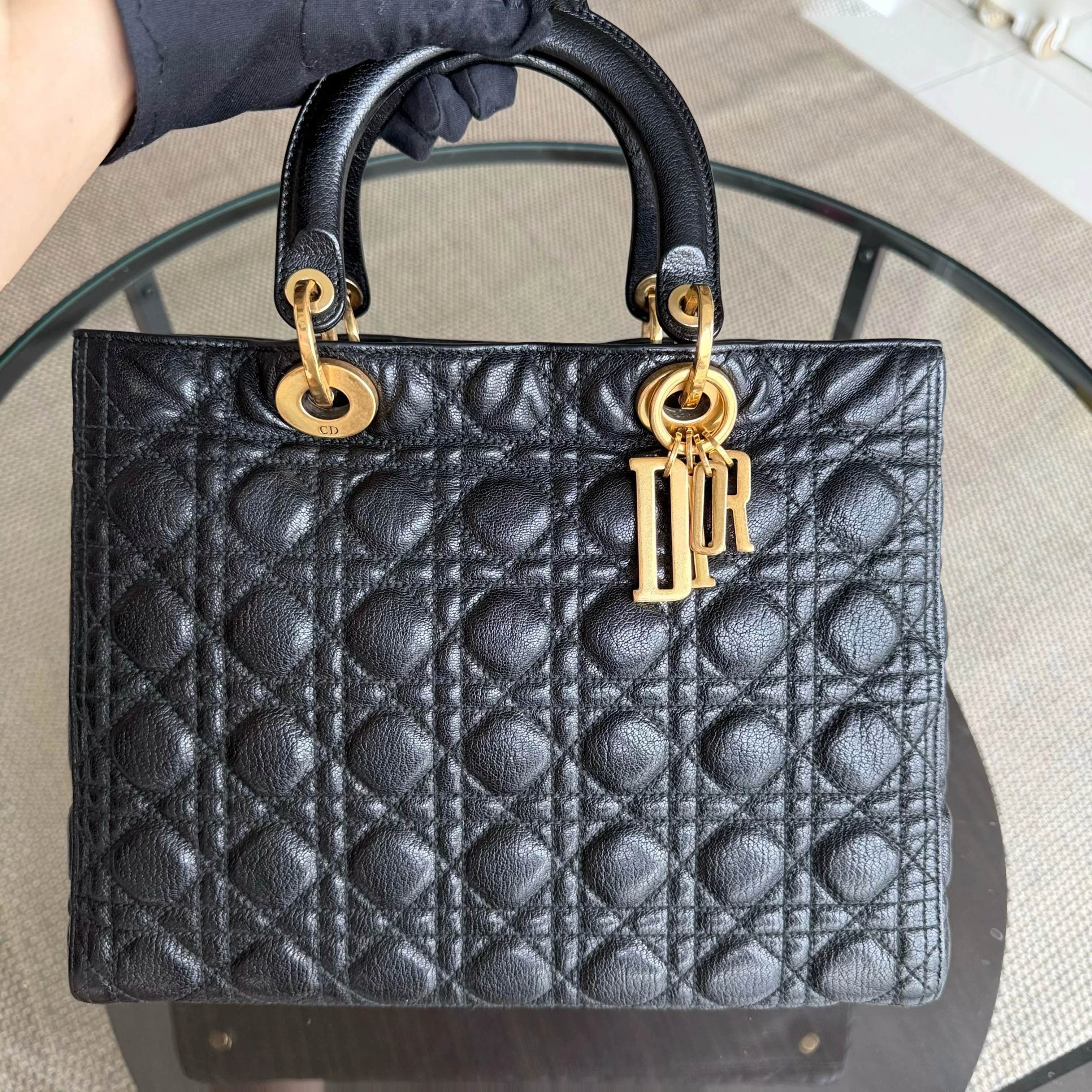 DIor Lady Large - Cannage Grained Calfskin Black Gold Hardware NO STRAP