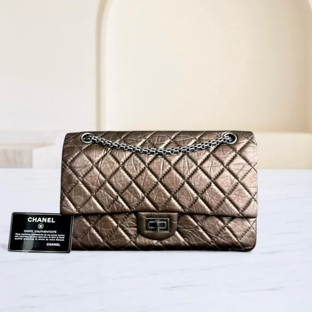Chanel 2.55 226 Medium 28CM Quilted Calfskin Metallic Brown Bronze Silver Hardware Series 12