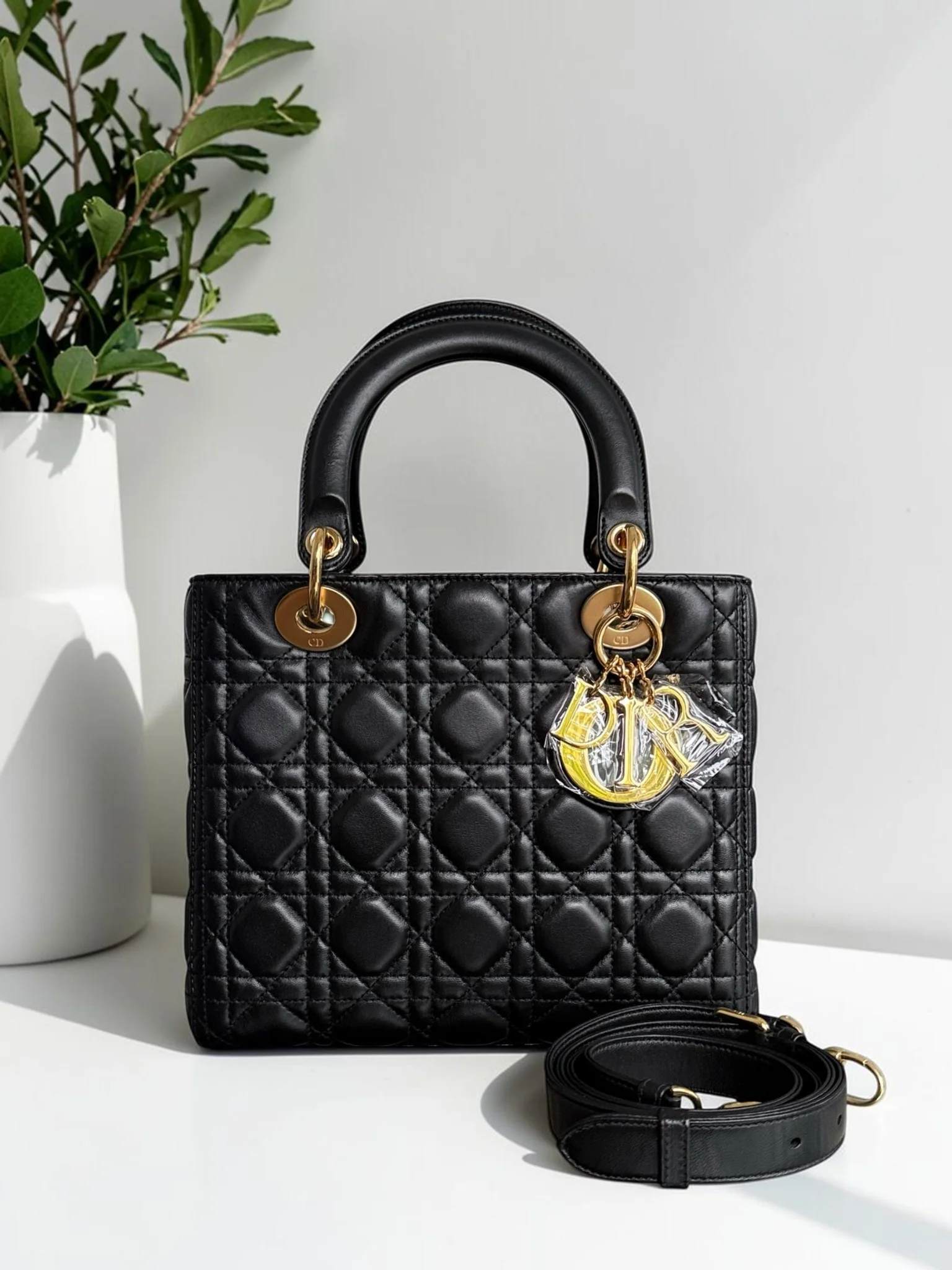Dior Lady Medium - Cannage Lambskin Black Gold Hardware Adjustable Strap
