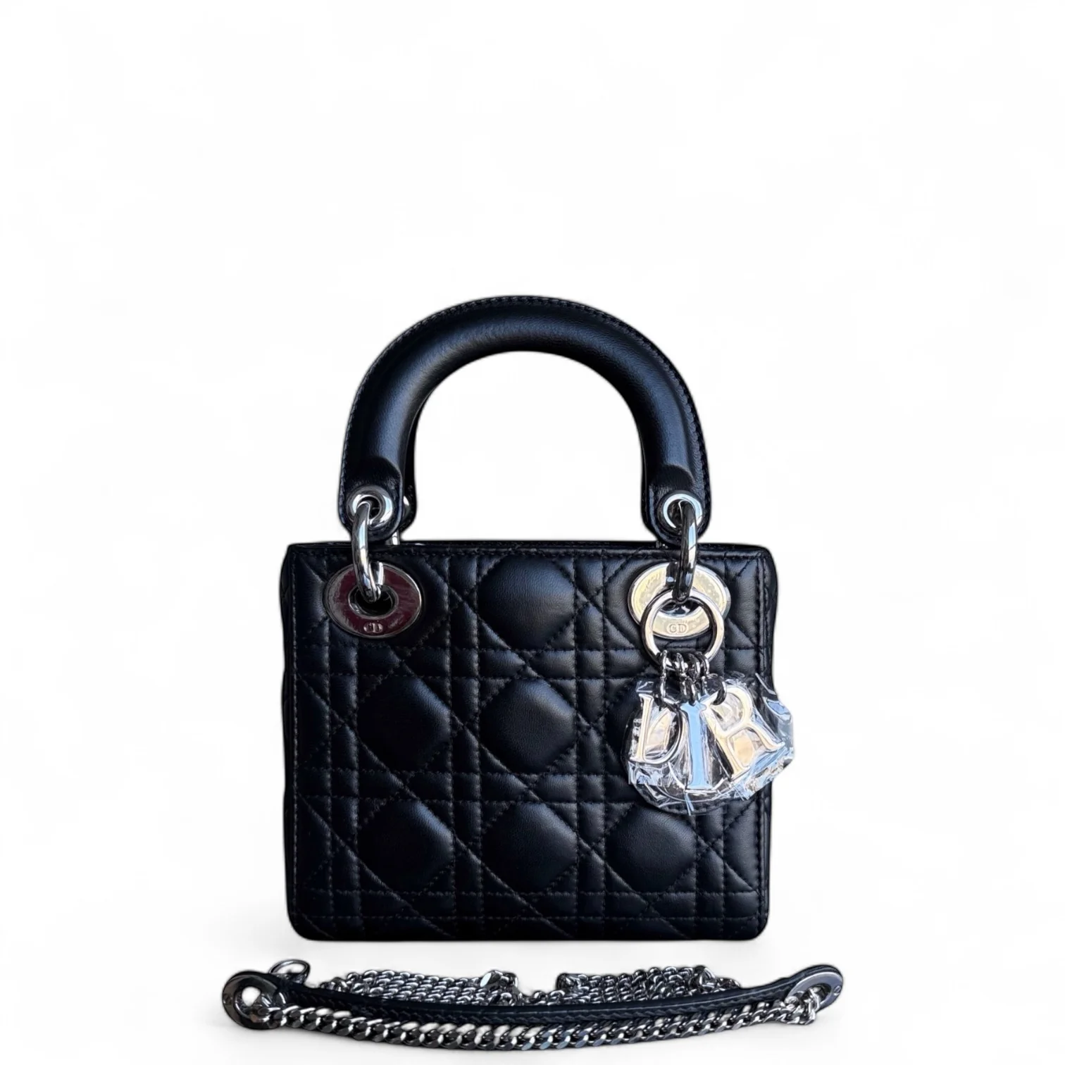 Dior Lady Mini - Cannage Lambskin Black Silver Hardware Chain Strap
