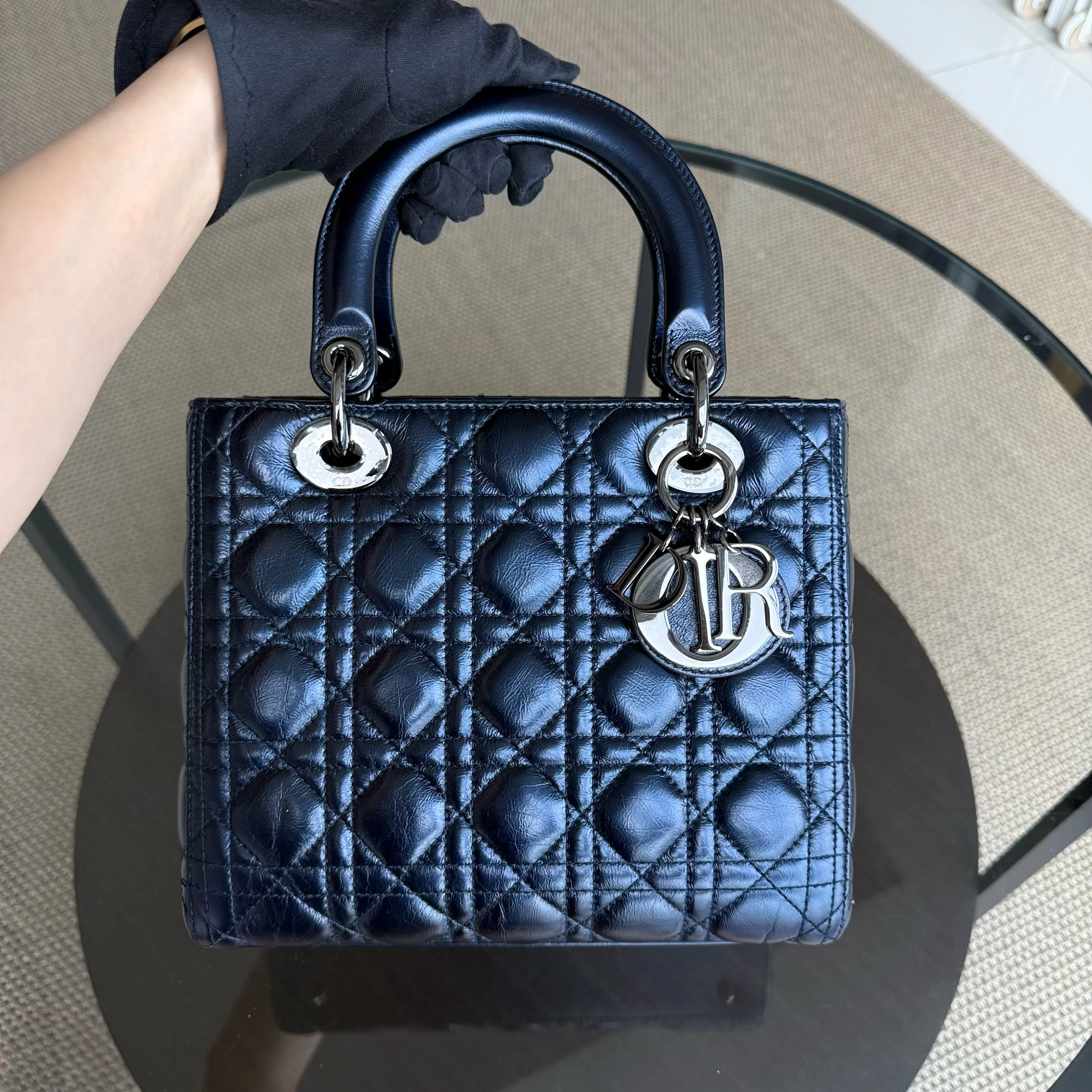 Dior Lady Medium Cannage Glazed Calfskin Dark Blue Silver Hardware
