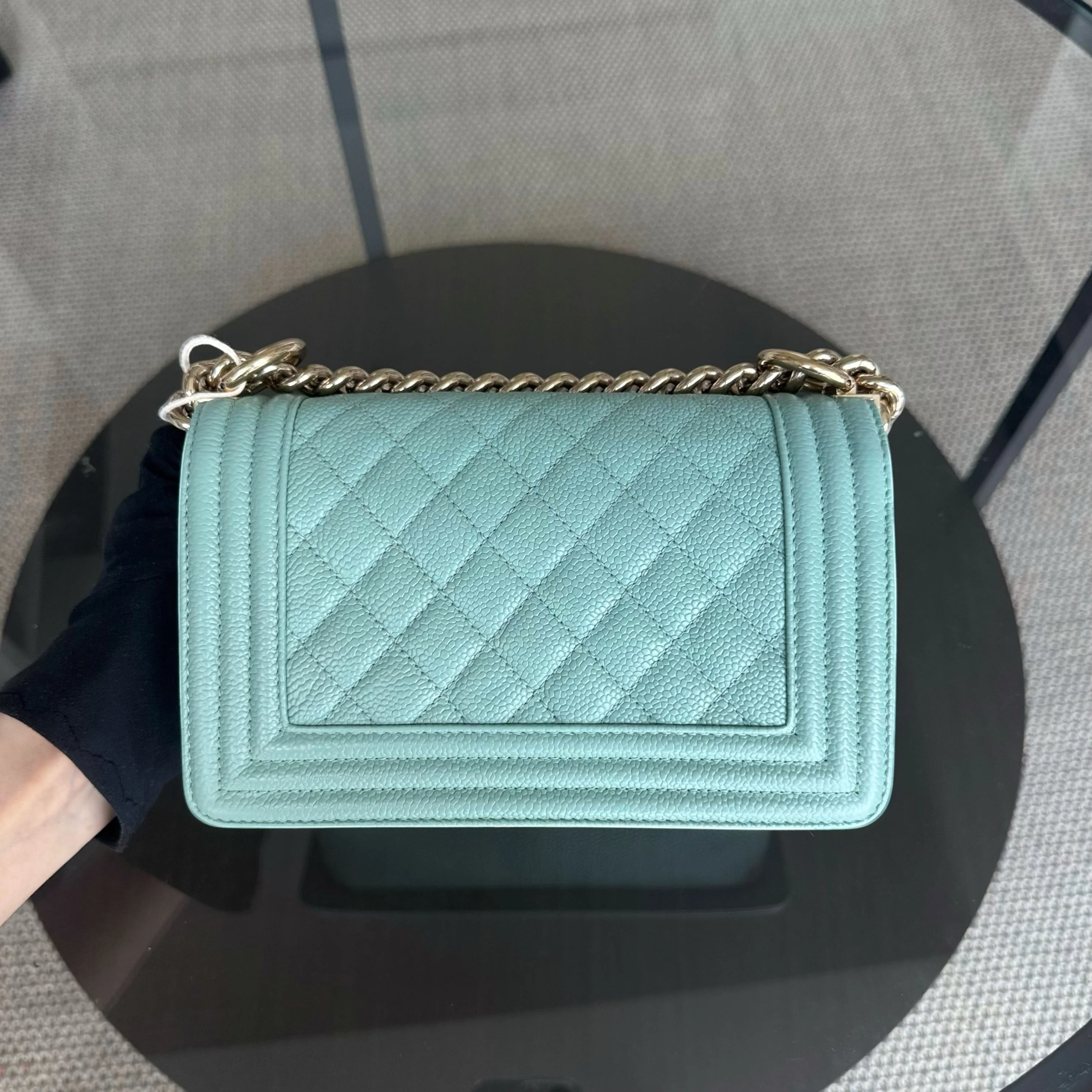 Chanel Boy Small - Caviar 20CM Quilted Tiffany Blue Gold Hardware Series 28