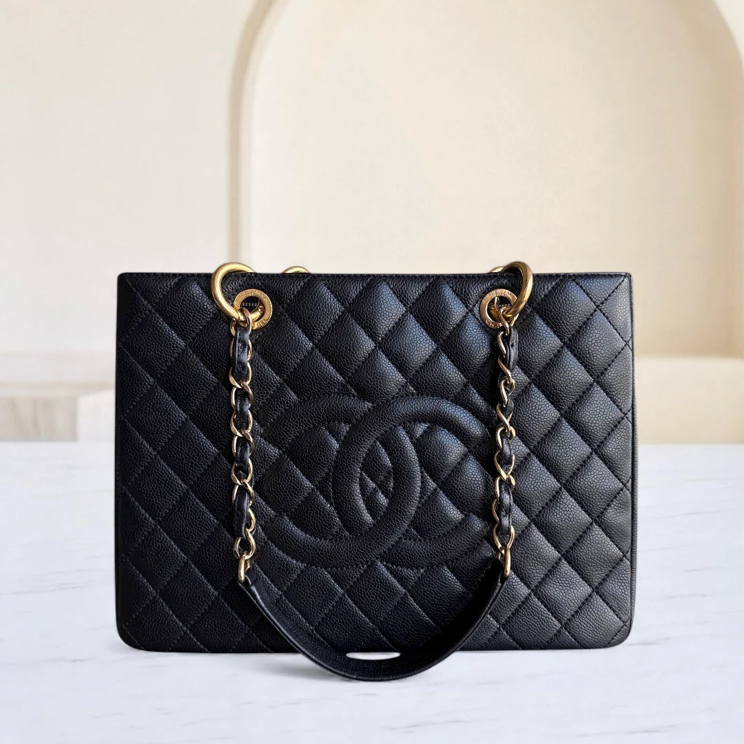 Chanel GST Grand Shopping Tote - Caviar Quilted Grained Calfskin Black Gold Hardware