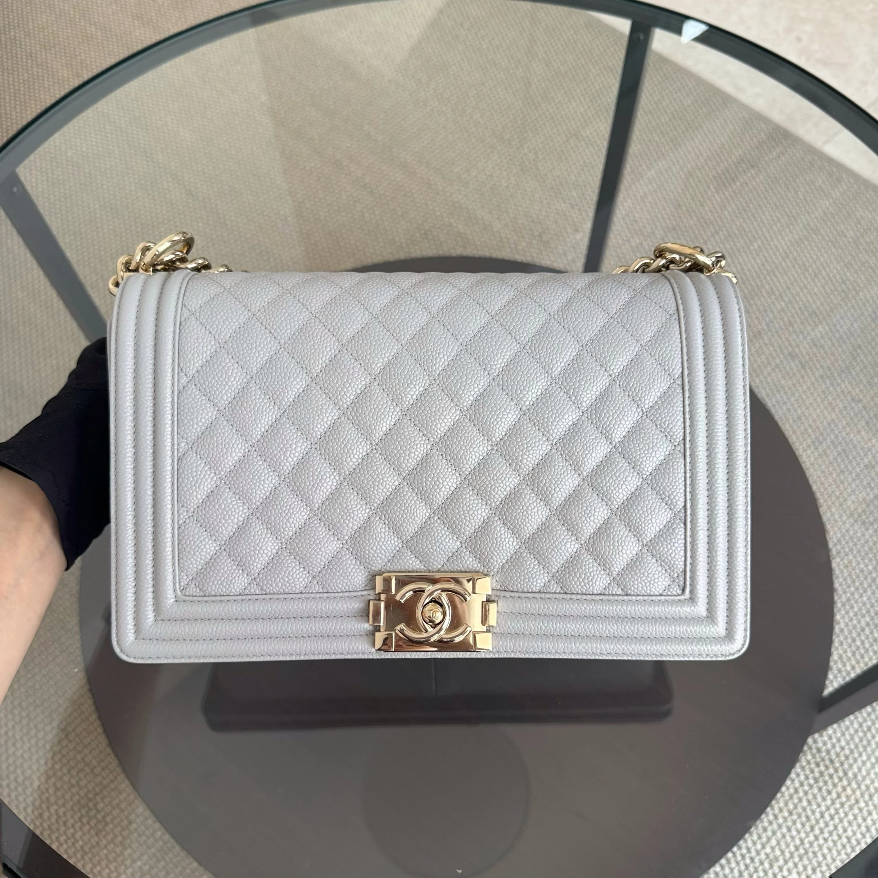 Chanel Boy New Medium - 28CM Quilted Caviar Grey Gray Gold Hardware Series 28