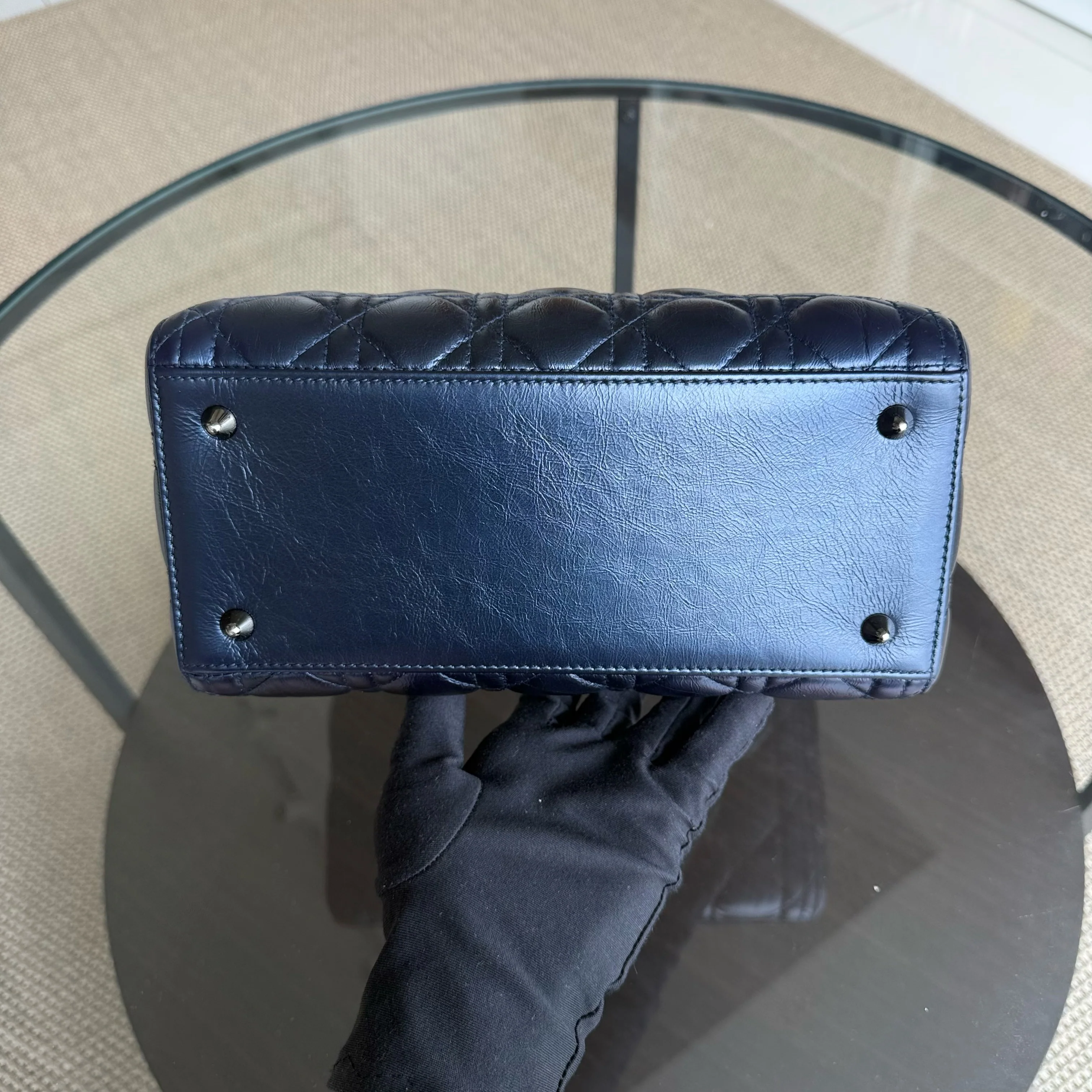 Dior Lady Medium Cannage Glazed Calfskin Dark Blue Silver Hardware