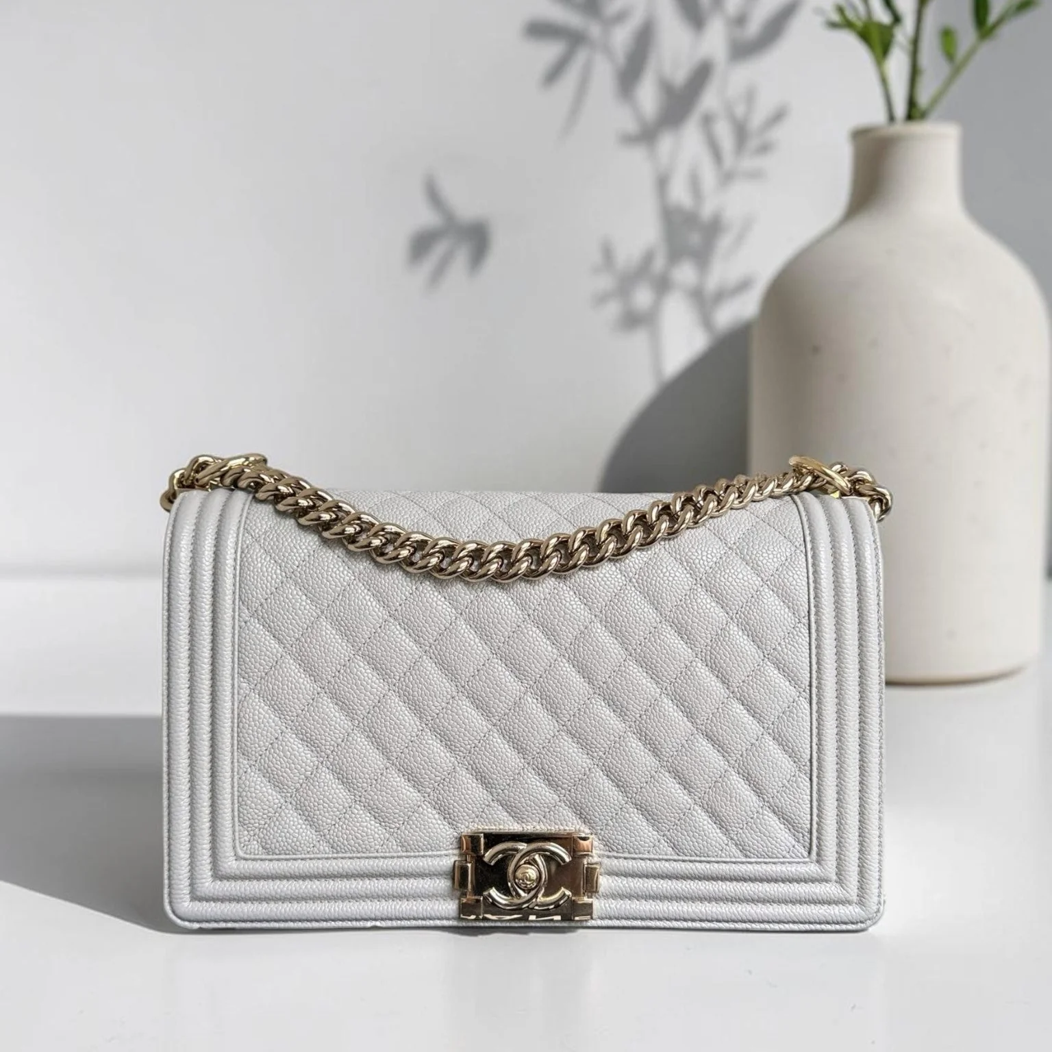 Chanel Boy New Medium - 28CM Quilted Caviar Grey Gray Gold Hardware Series 28