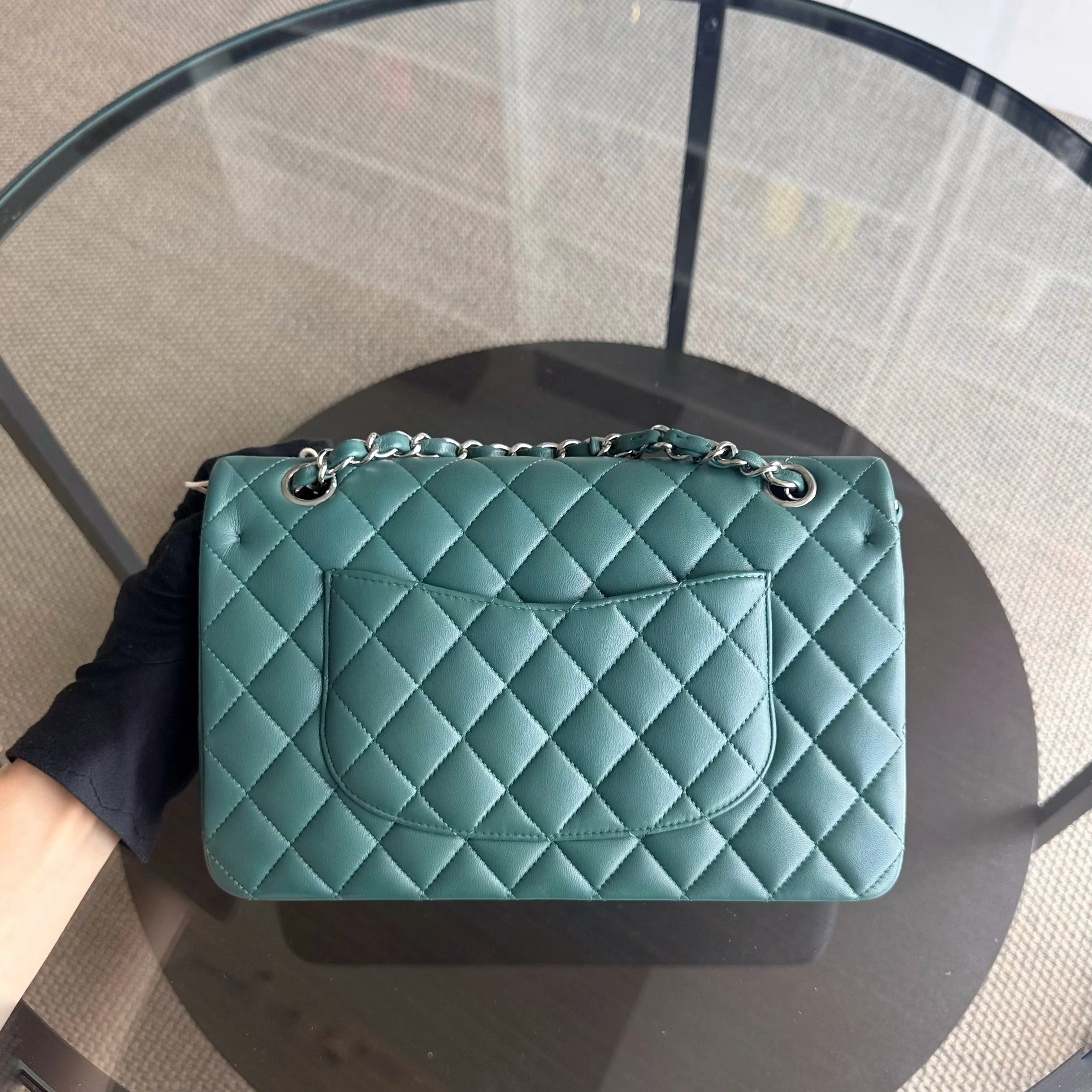Chanel Classic Flap Medium - 25CM Quilted Lambskin Olive Green Blue Silver Hardware Series 26