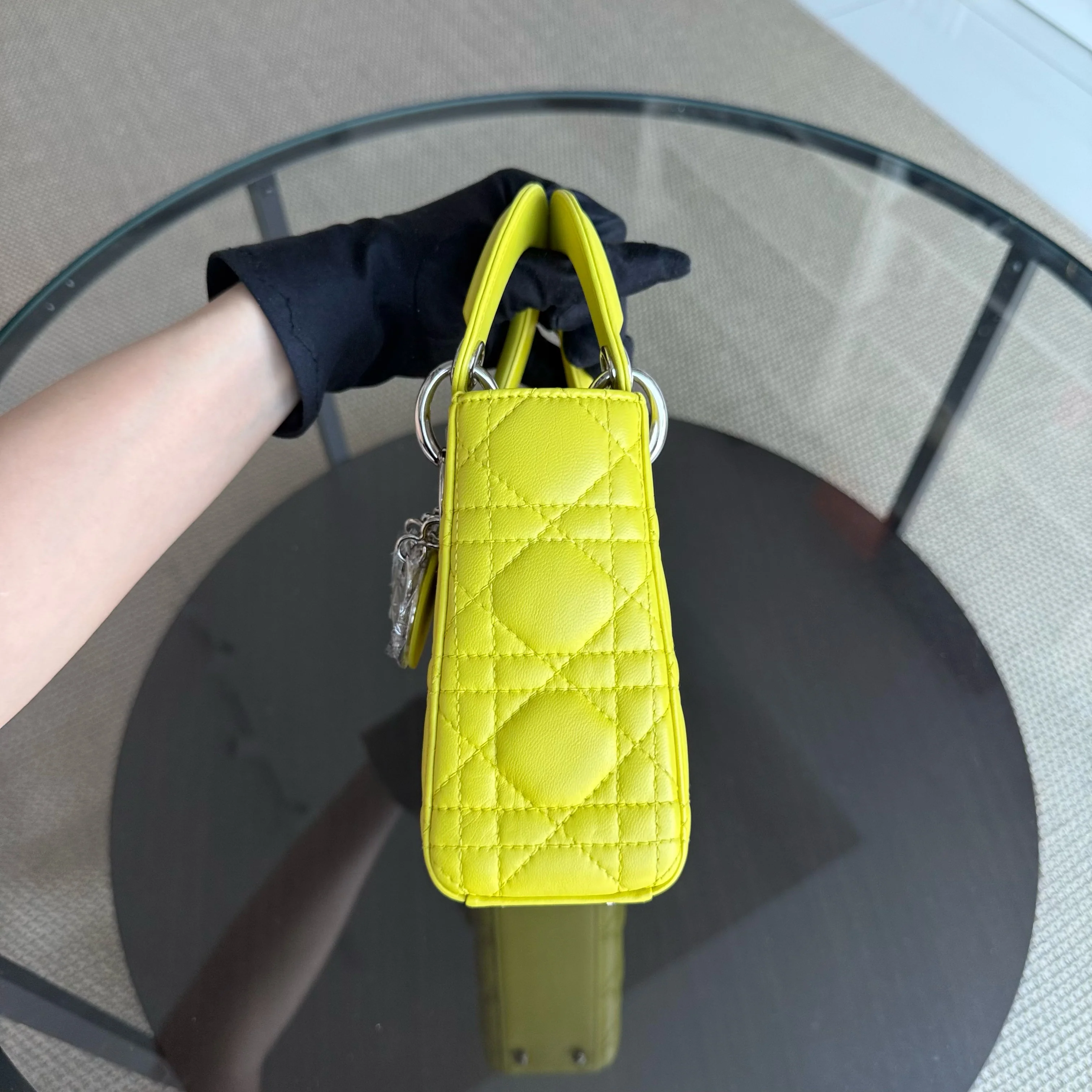 Dior Lady Mini - Cannage Lambskin Yellow Silver Hardware Adjustable Strap