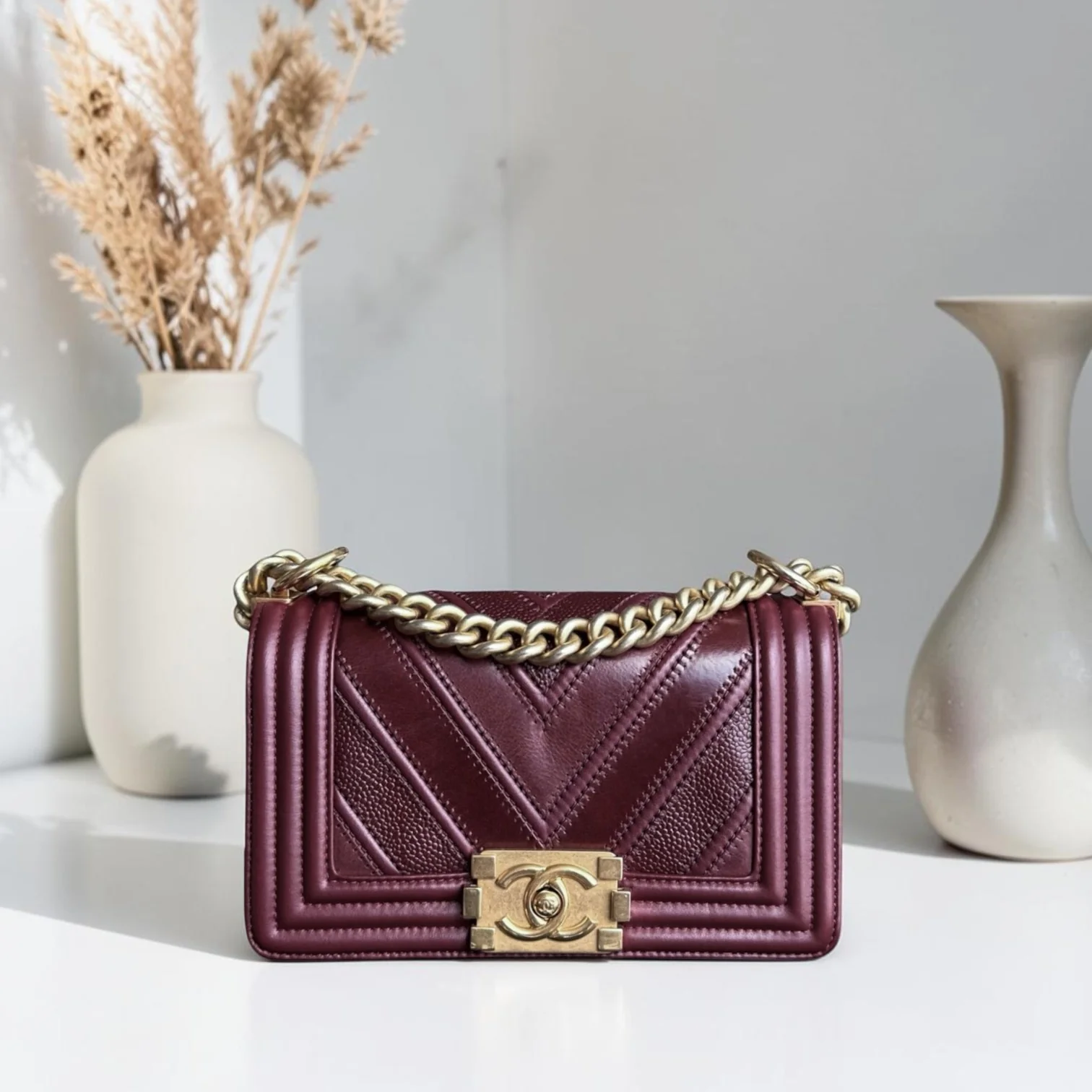 Boy Small 20CM Chevron Tri-skin Calfskin Burgundy GHW No 22