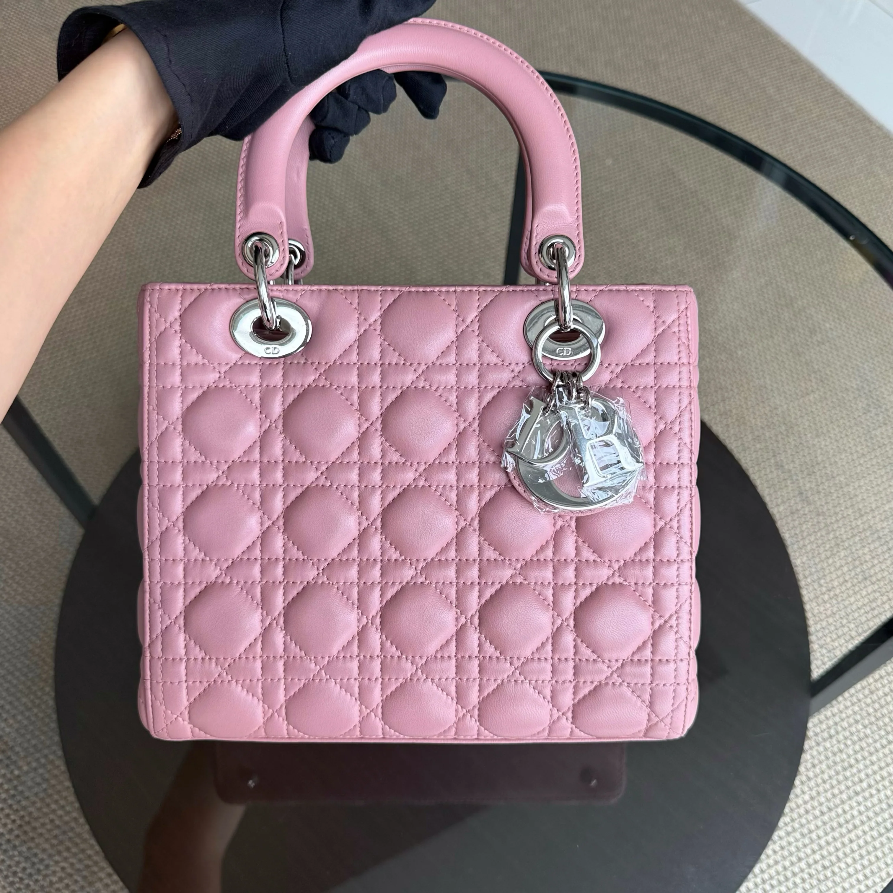 Dior Lady Medium Cannage Lambskin Pink Silver Hardware
