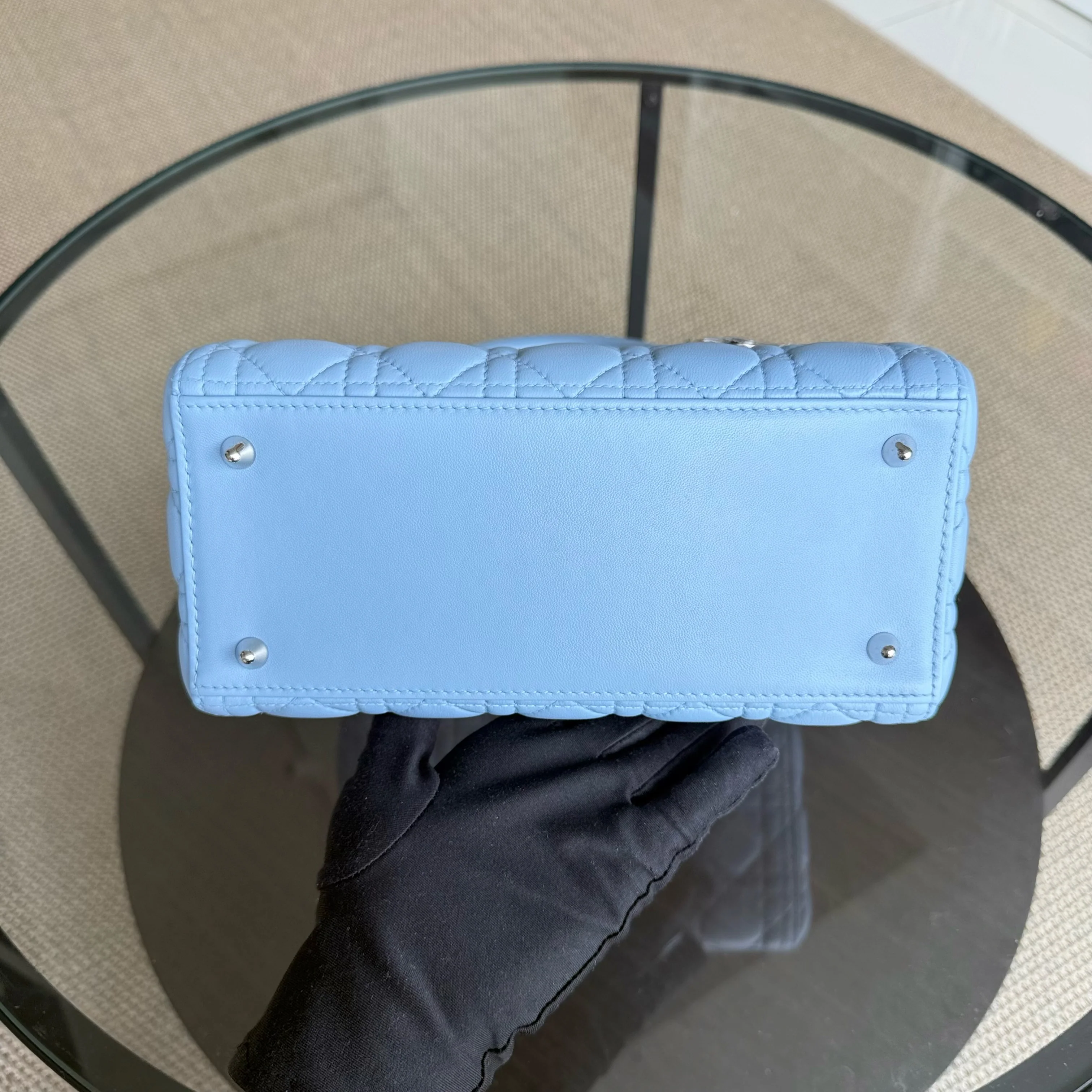 Dior Lady Medium Cannage Lambskin Light Baby Blue Silver Hardware