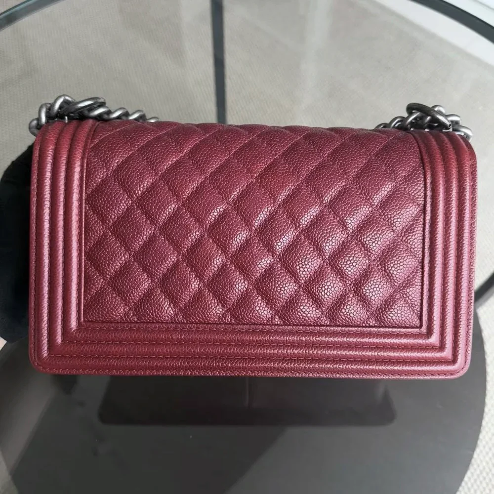 Chanel Boy Medium - Caviar 25CM Quilted Burgundy Dark Red Ruthenium Silver Hardware Series 19
