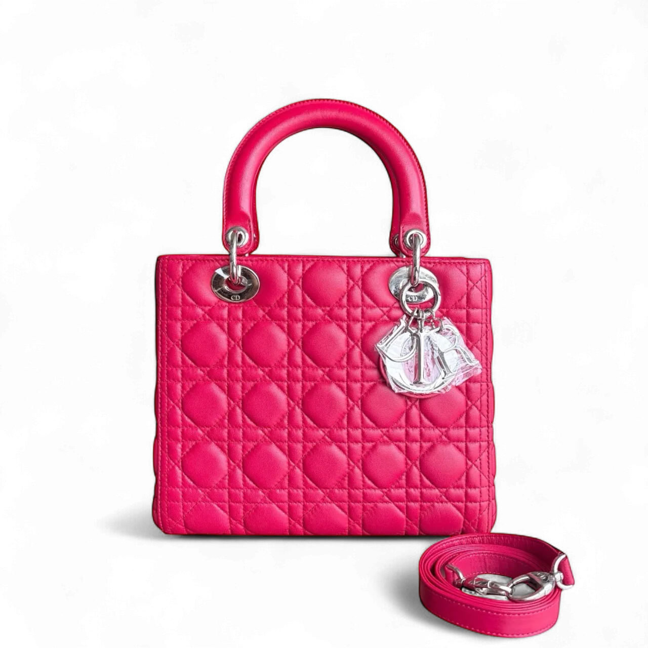 Dior Lady Medium - Cannage Lambskin Red Silver Hardware