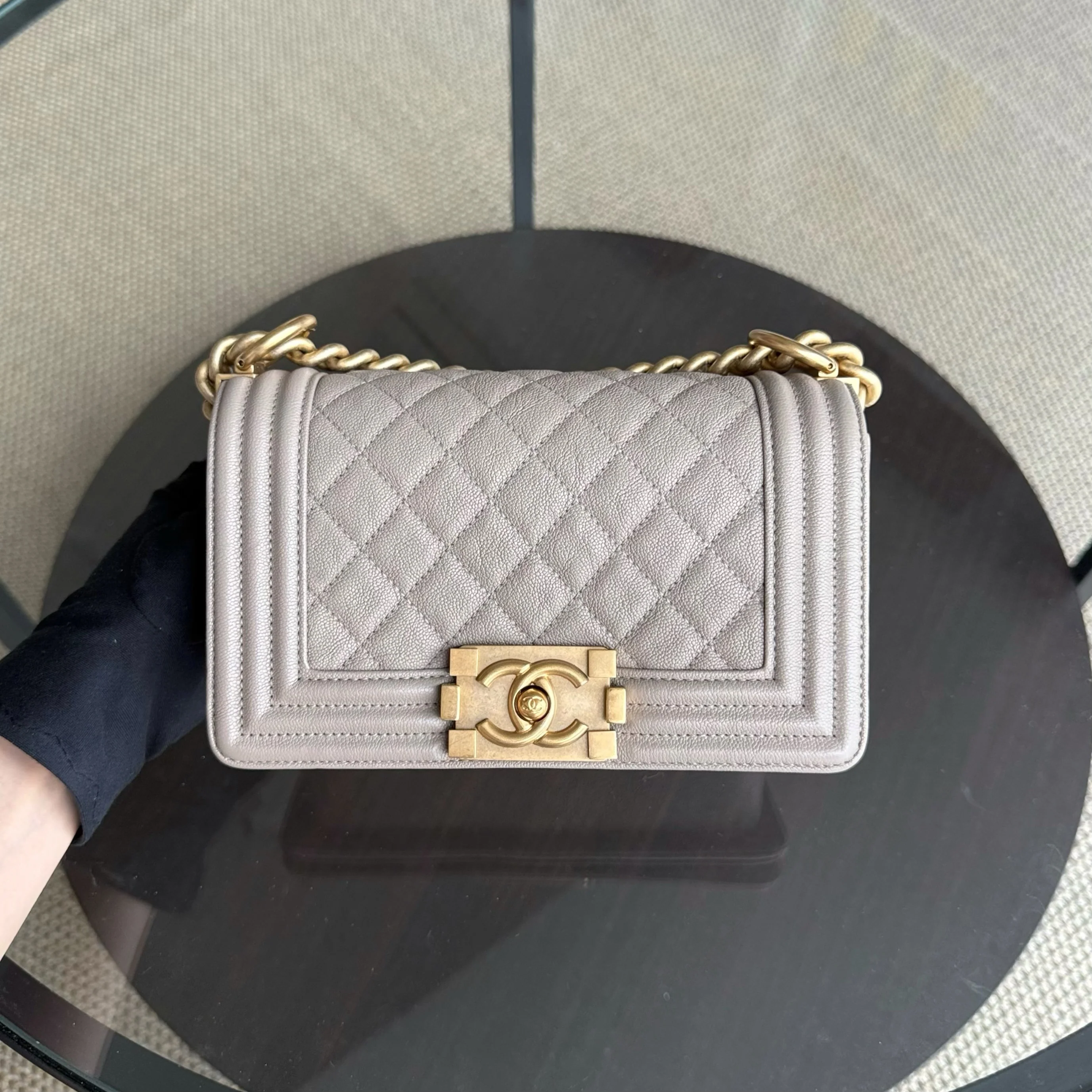 Chanel Boy Small - Caviar 20CM Quilted Grained Calfskin Grey Gray Gold Hardware Series 27