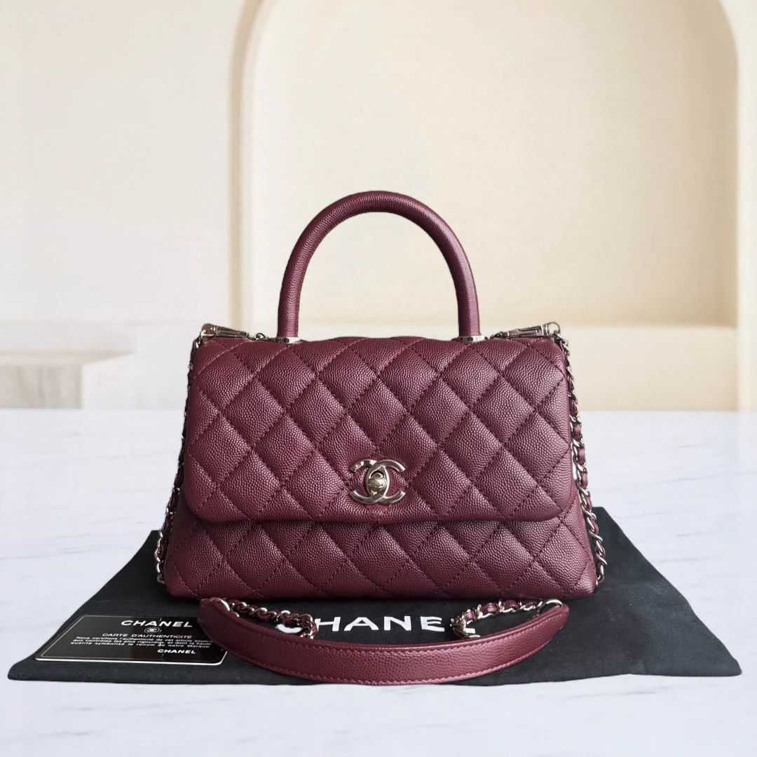 Chanel Coco Handle Small - Caviar Quilted Grained Calfskin Dark Red Burgundy Gold Hardware Series 30