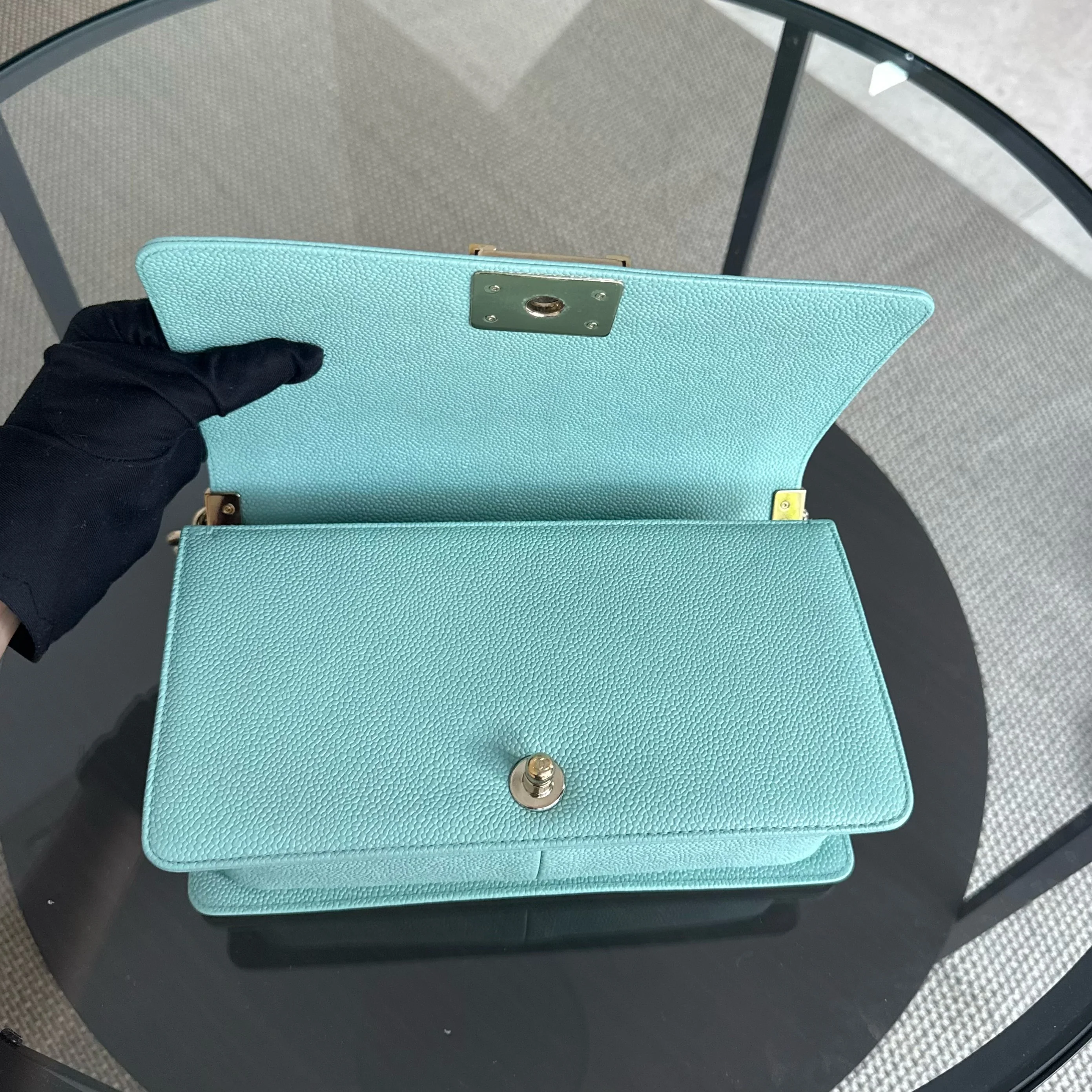 Chanel Boy Medium - 25CM Quilted Tiffany Blue Gold Hardware Series 29