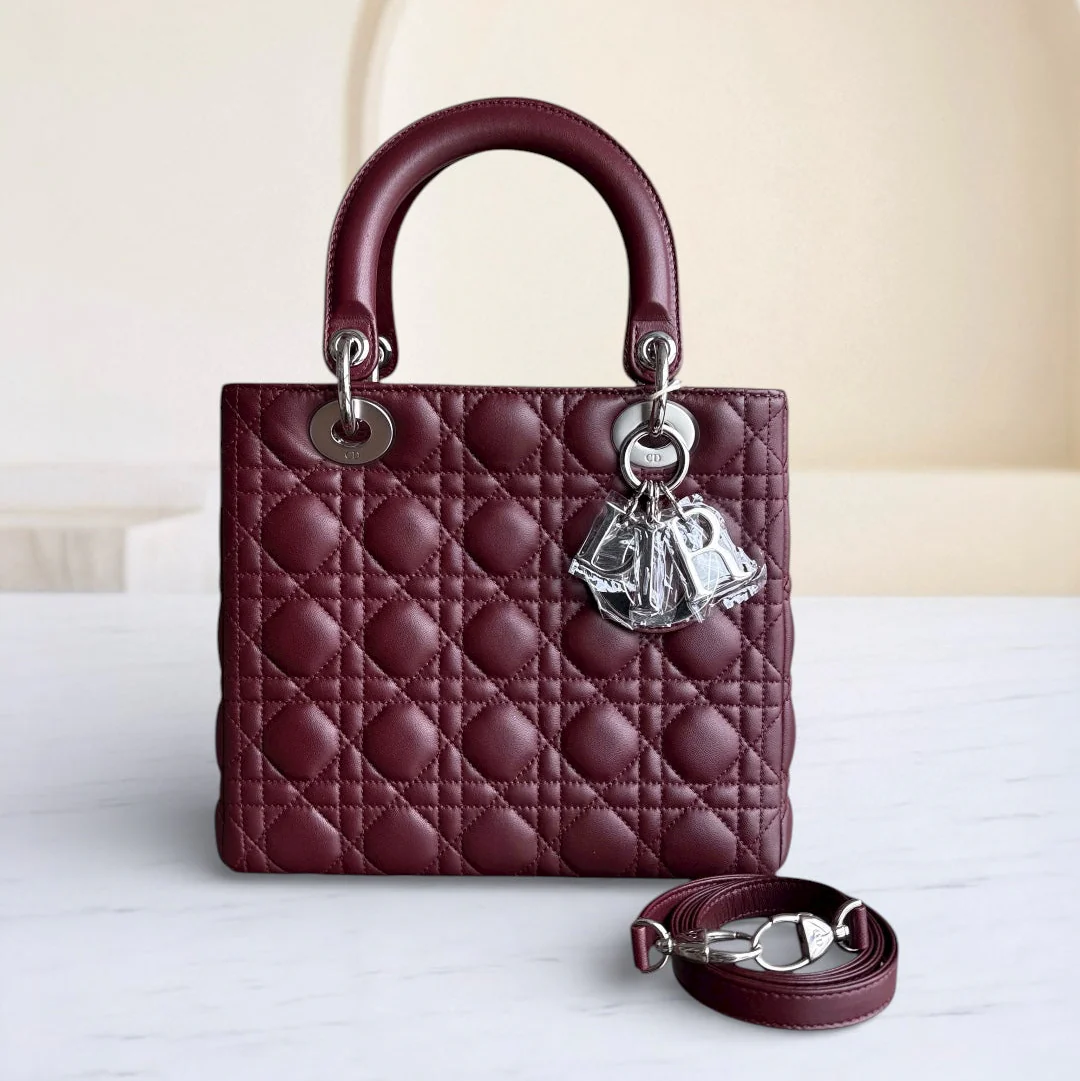 Dior Lady Medium - Cannage Lambskin Burgundy Silver Hardware