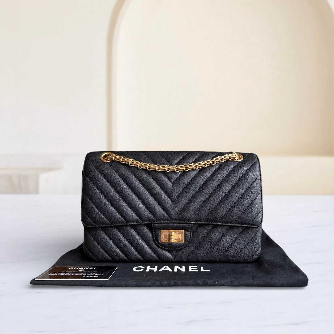 Chanel 2.55 Reissue 225 - 24CM Caviar Grained Calfskin Quilted Black Chevron Gold Hardware Series 27