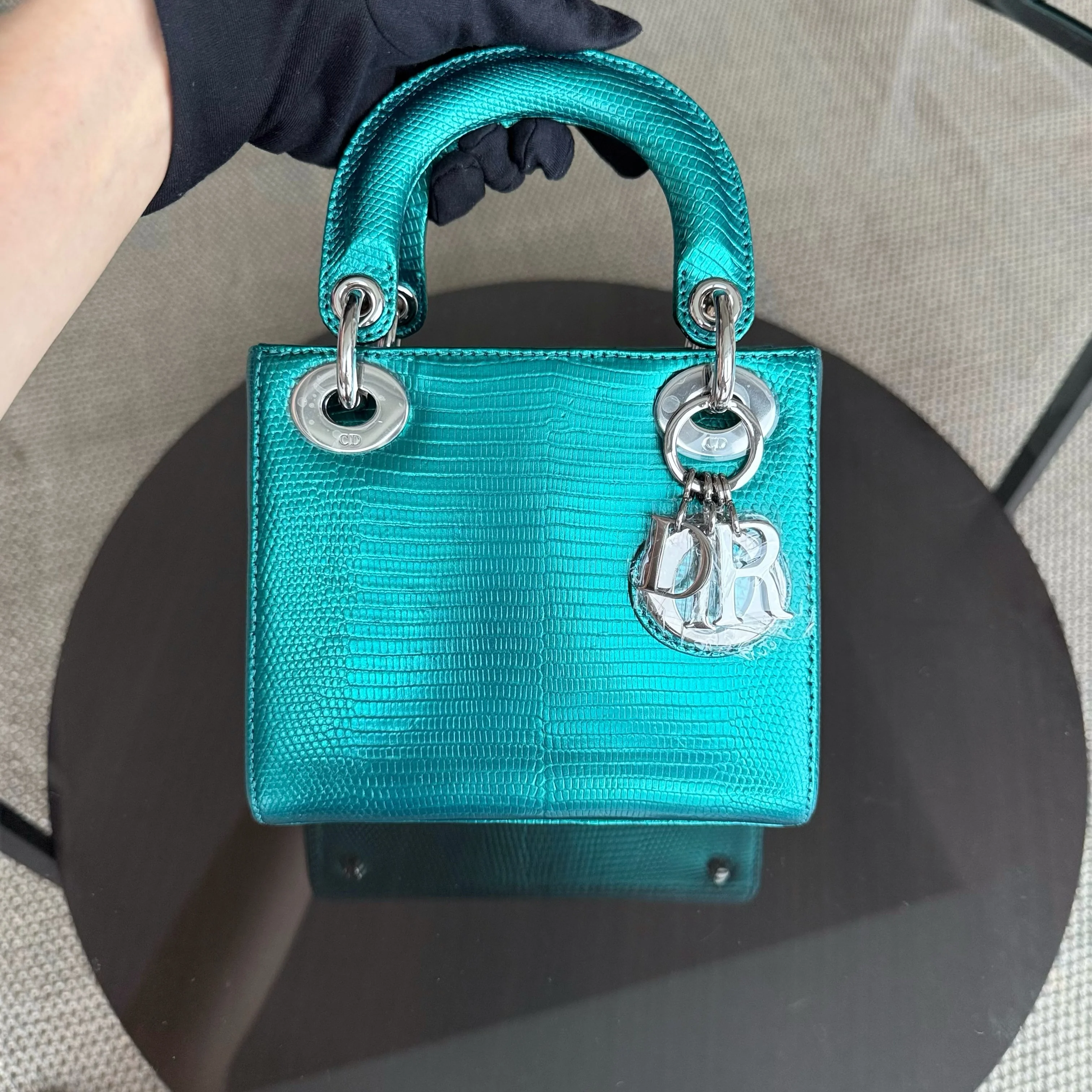 Dior Lady Mini - Exotic Lizard Green color Silver Hardware