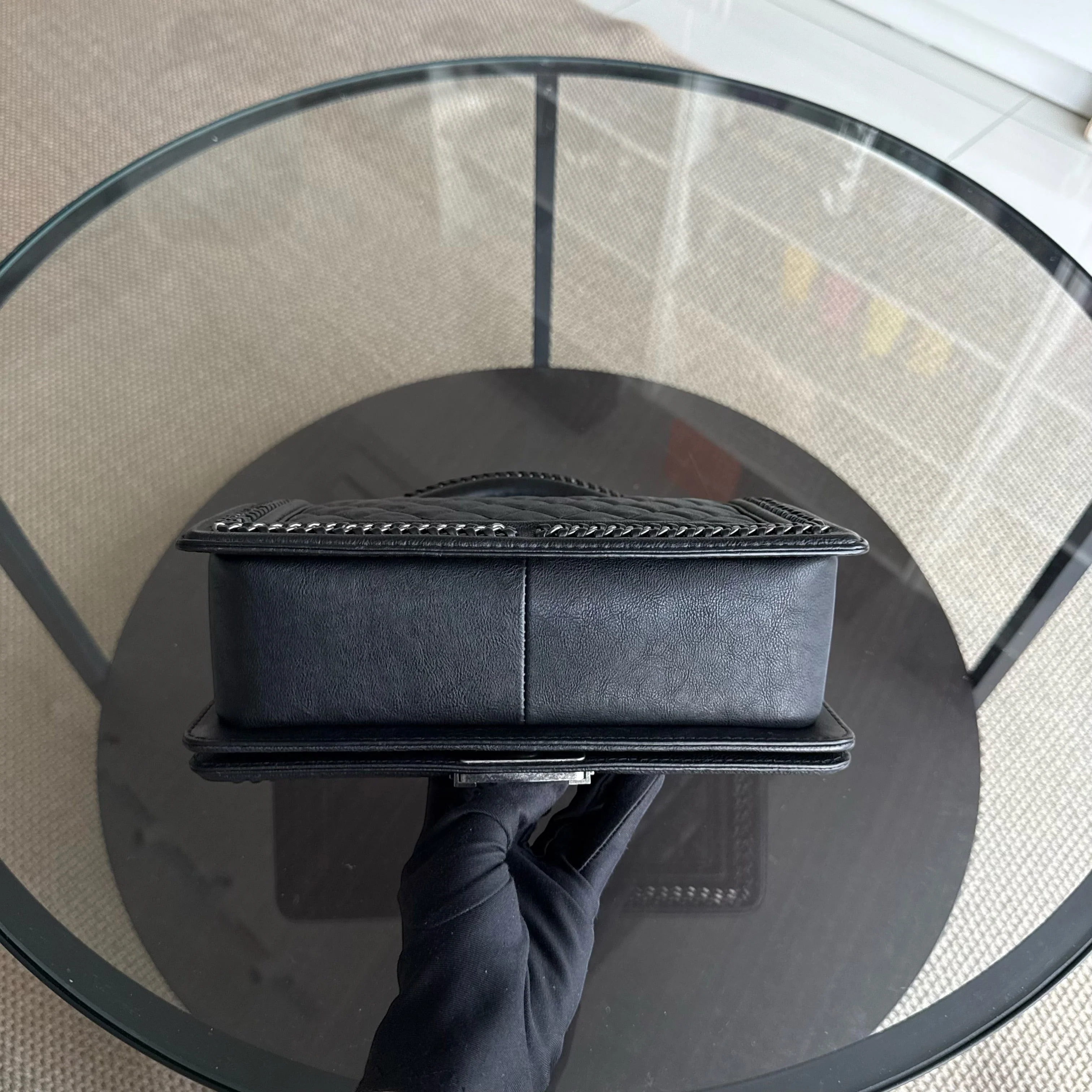 Chanel Boy Handle Old Medium 25CM Black Quilted Caviar With Handle Chain Around Ruthenium Silver Hardware Series 23