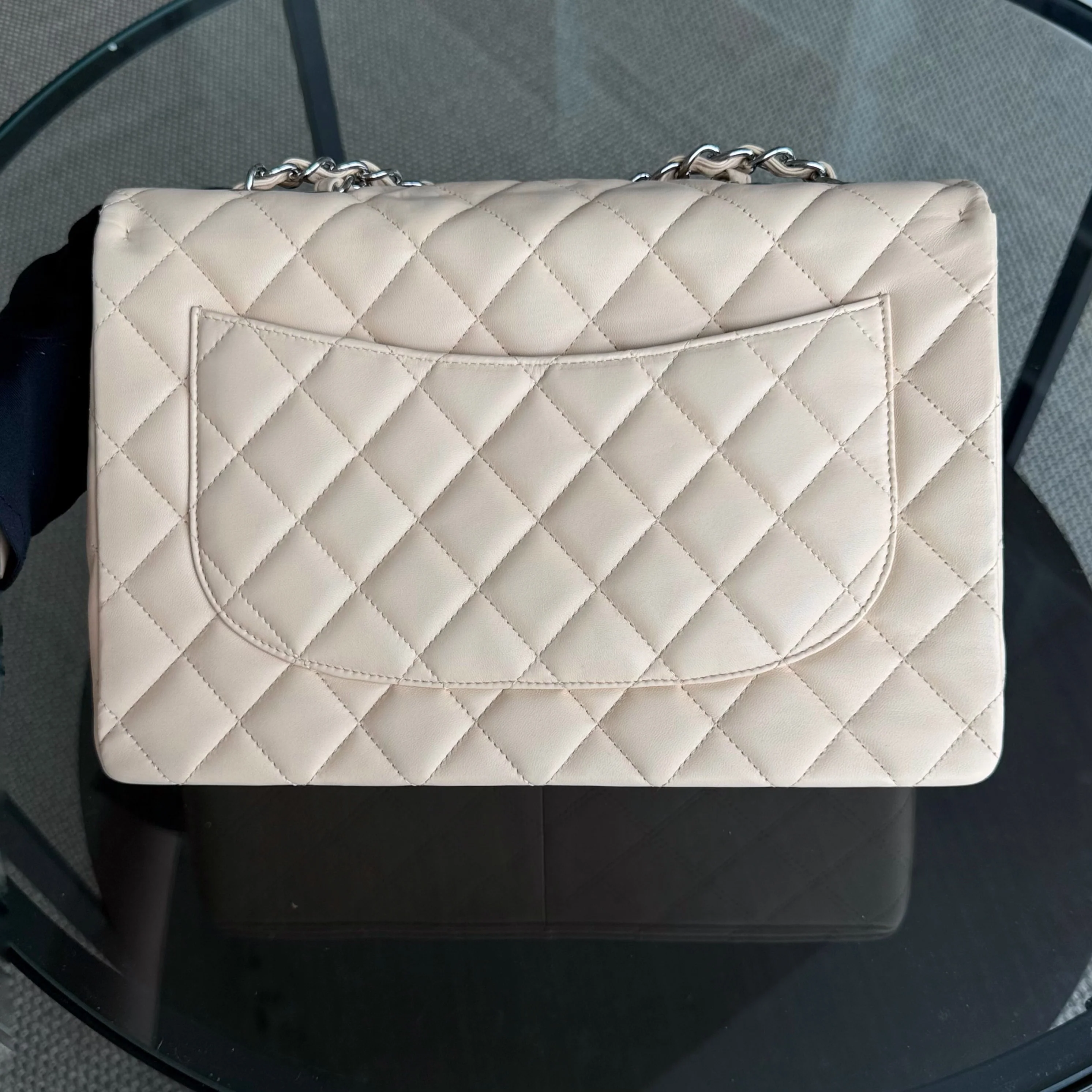 Chanel Classic Flap Jumbo - 30CM Single Flap Quilted Lambskin Beige Silver Hardware Series 14