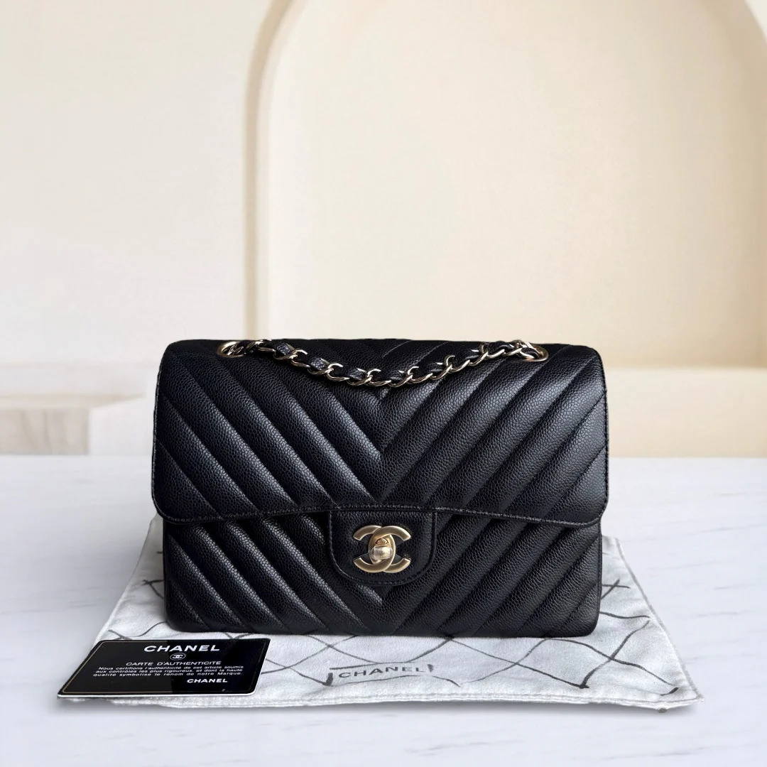 Chanel Classic Flap Small - Caviar 23CM Chevron Black Gold Hardware Series 30