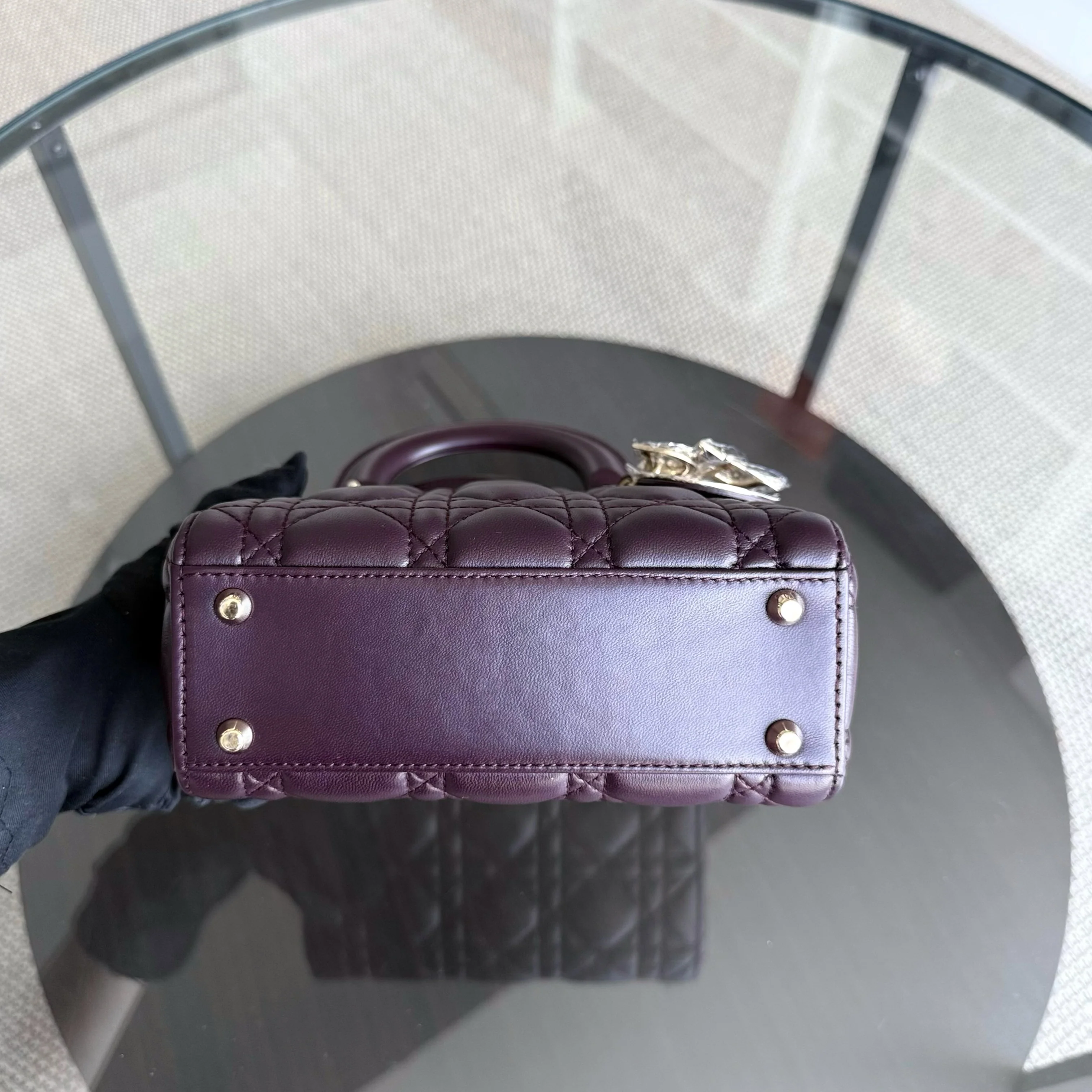 Dior Lady Mini - Cannage Lambskin Wine Burgundy Gold Hardware Chain Strap