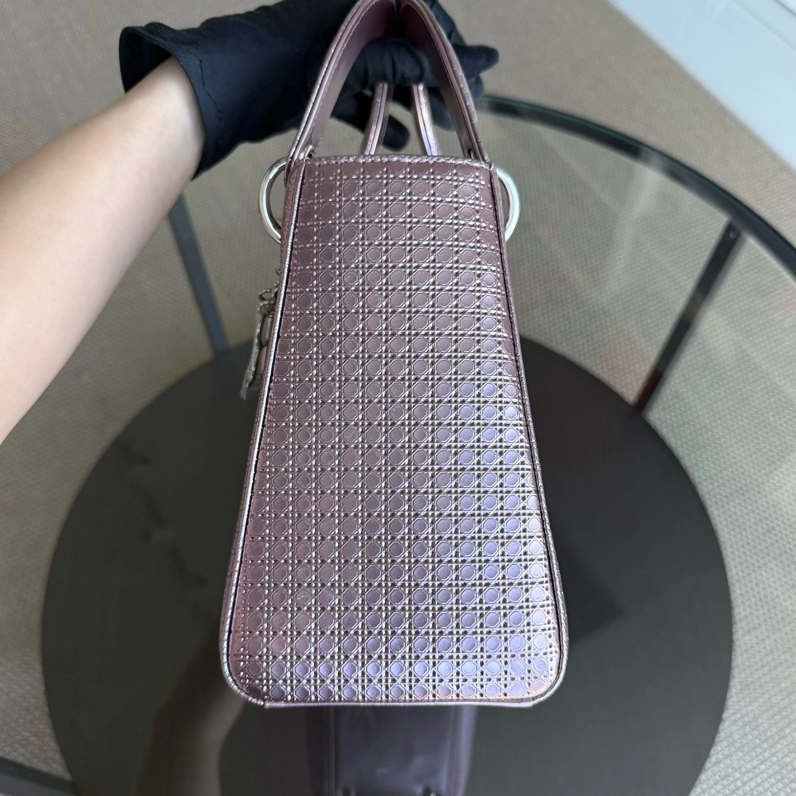 Dior Lady Medium - Micro-Cannage Metallic Pink Silver Hardware
