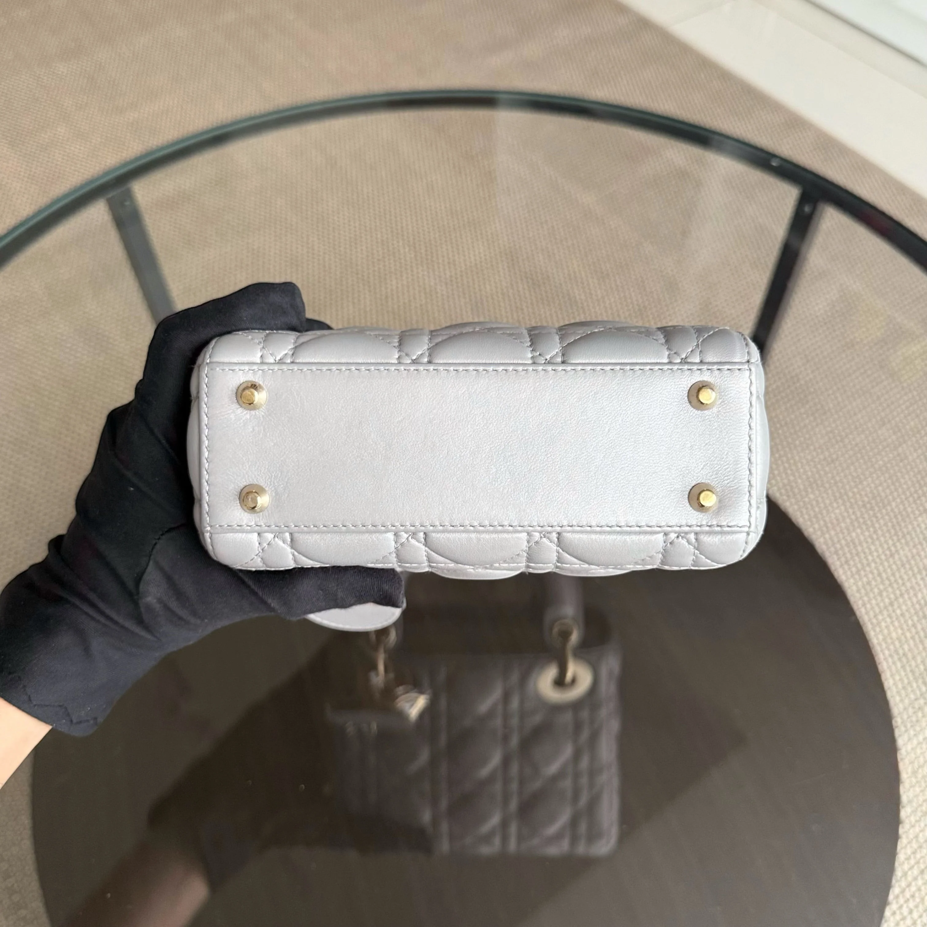 Dior Lady Mini - Cannage Lambskin Gray Gold Hardware Chain Strap