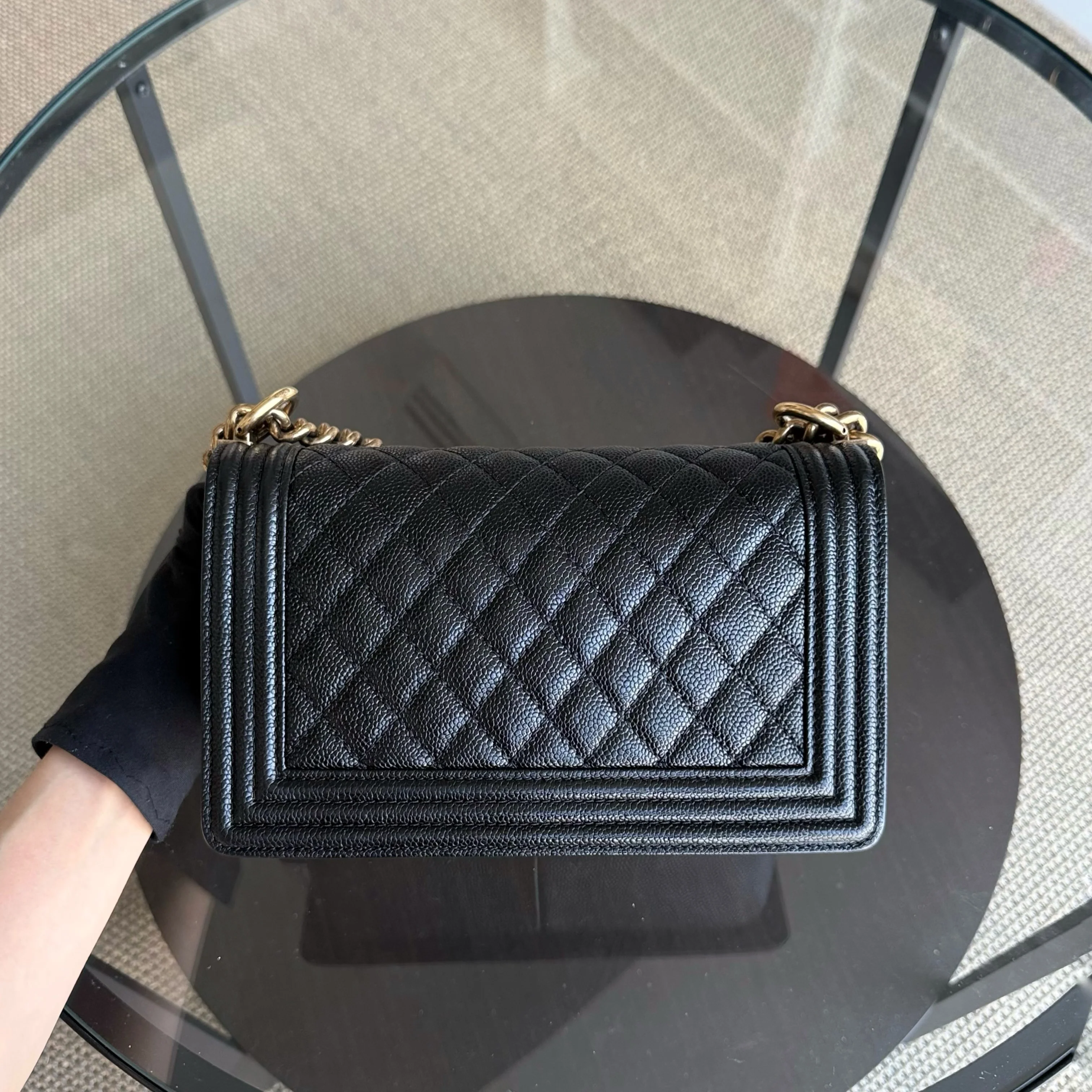 Chanel Boy Old Medium - Caivar Quilted Grained Calfskin Black Ruthenium Gold Hardware Series 19