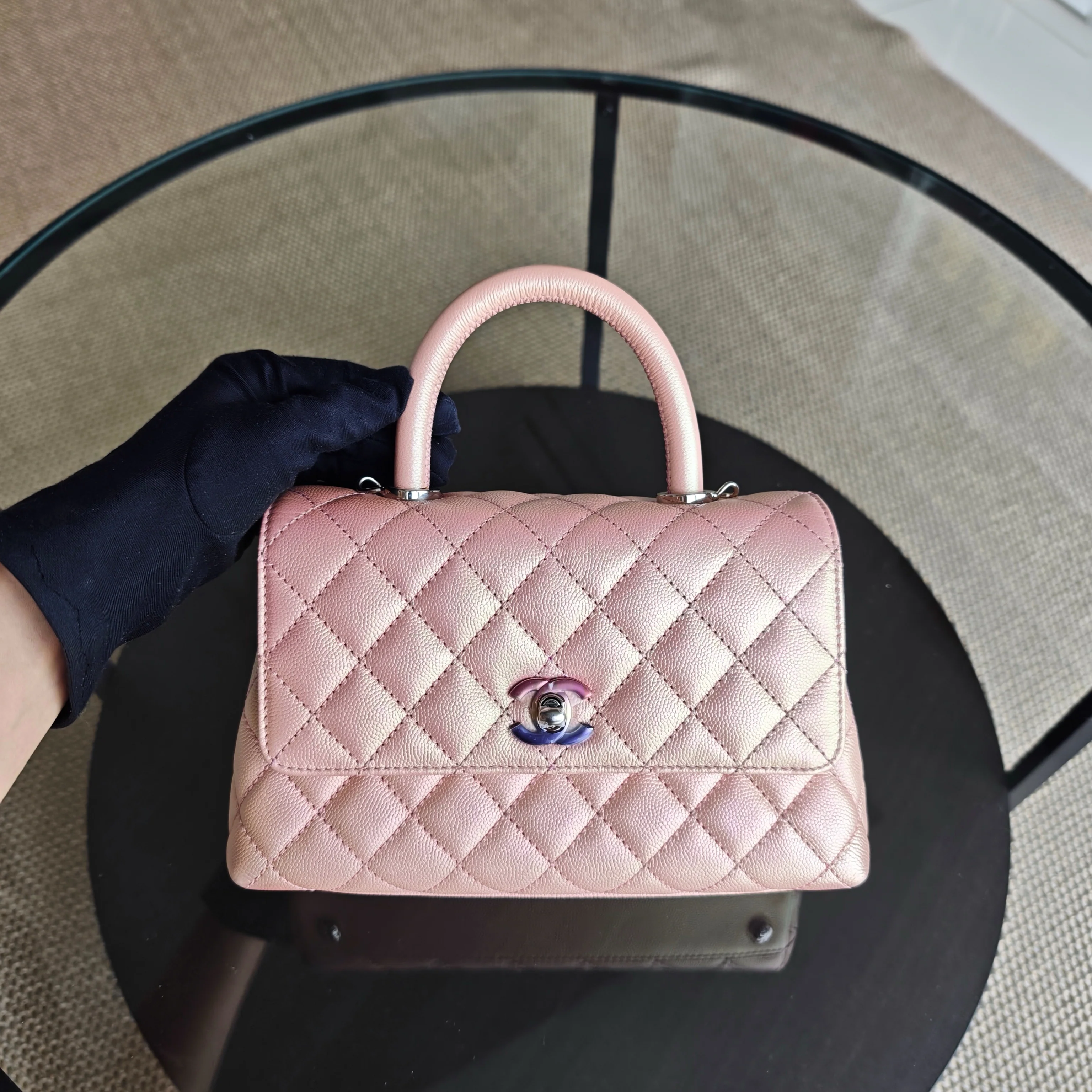 Chanel Coco Handle Small - Caviar Quilted Irridescent Pink Gold Hardware Microchip