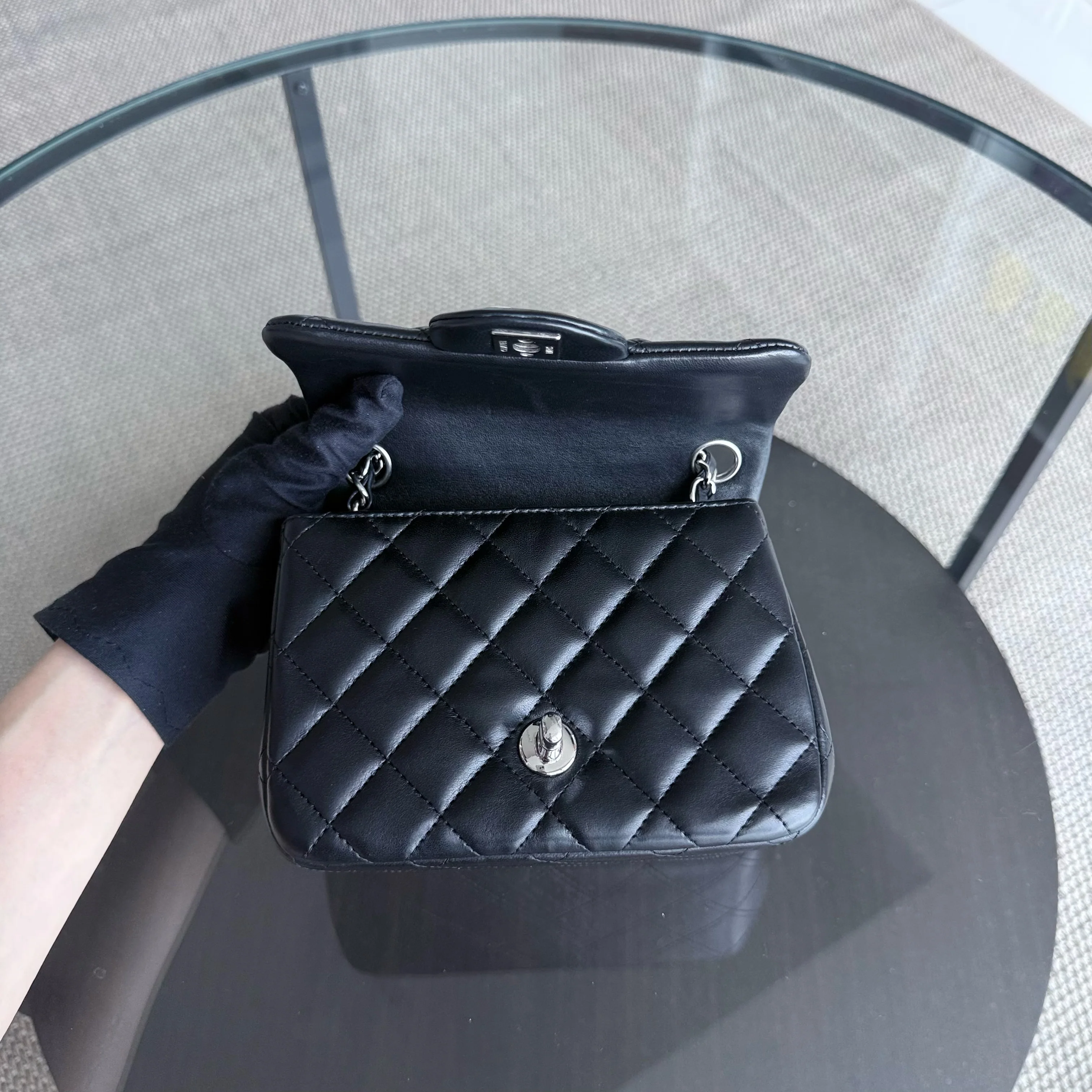 Chanel Classic Flap Mini Square - 17CM Quilted Lambskin Black Silver Hardware Series 19