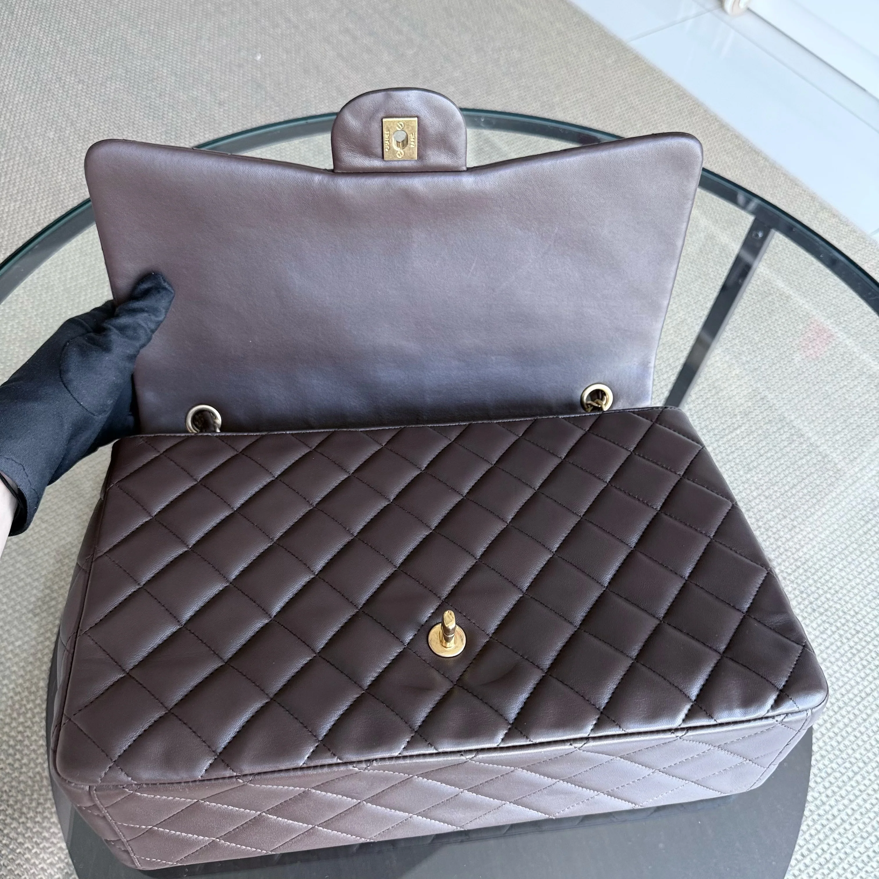 Chanel Classic Flap Maxi - Quilted Lambskin Single Flap Brown Gold Hardware Series 14