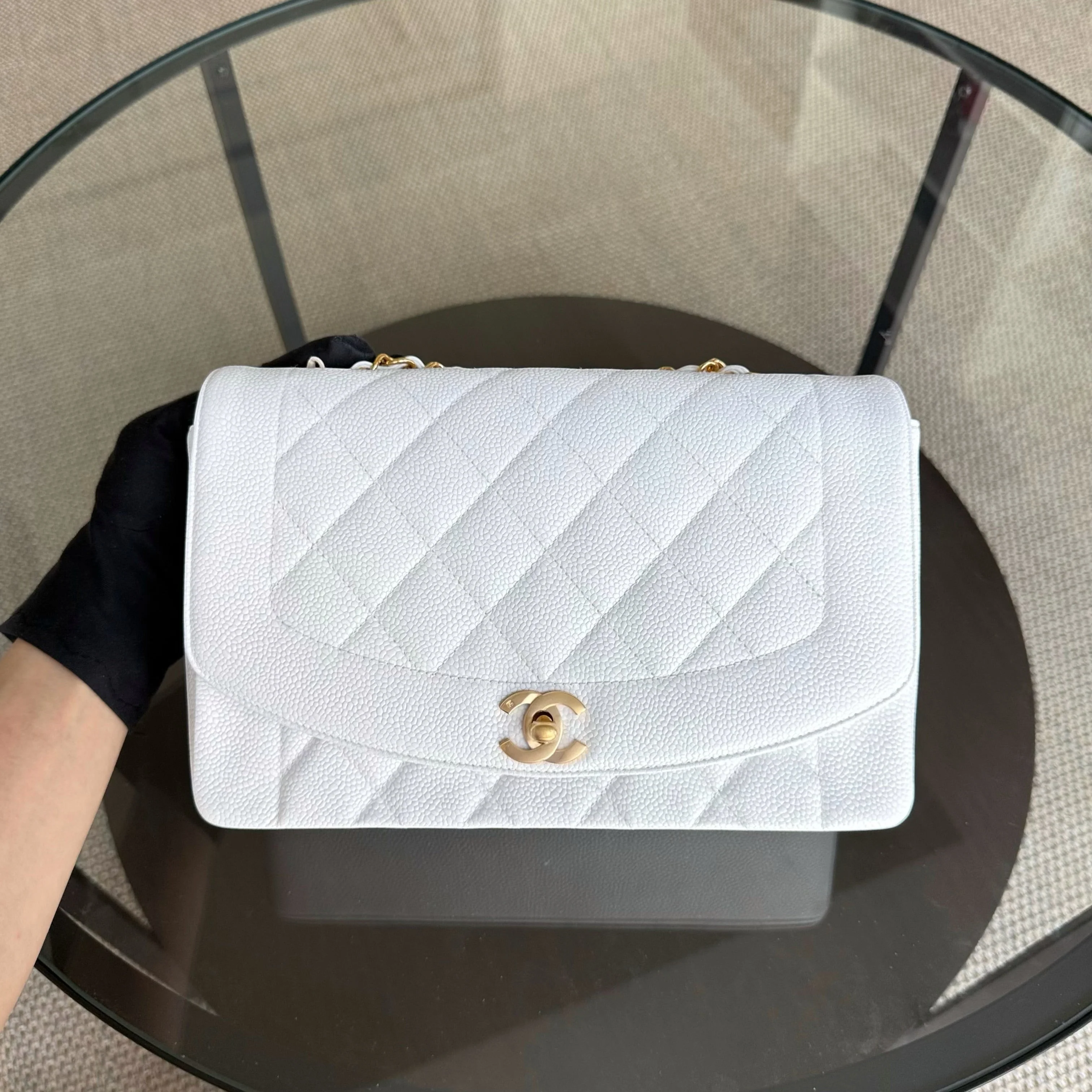 Chanel Diana Medium Vintage - 25CM Quilted Caviar White Gold Hardware Series 2