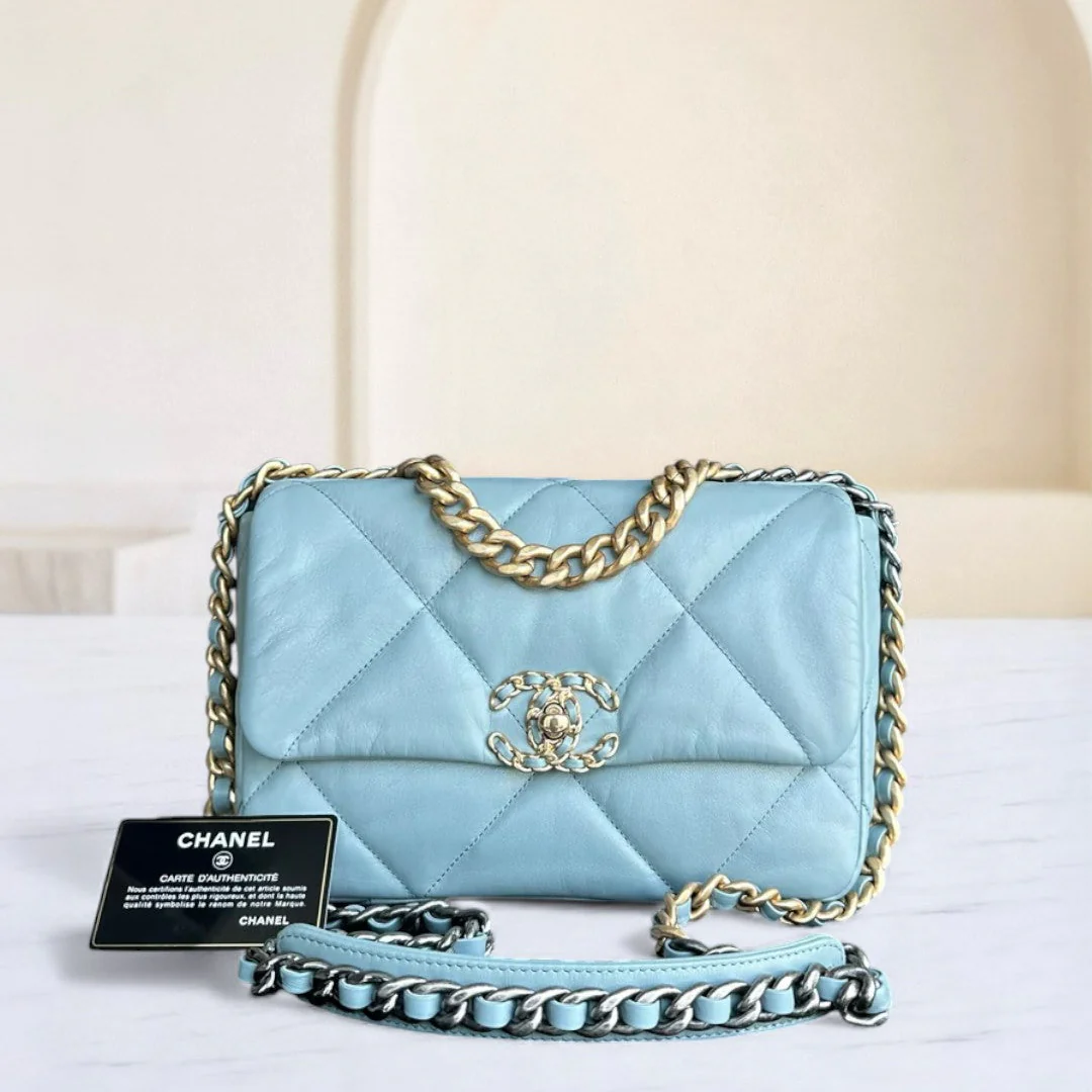 Chanel C19 Small 19 Bag Quilted Goatskin Light Blue Two-Tone Hardware Series 30