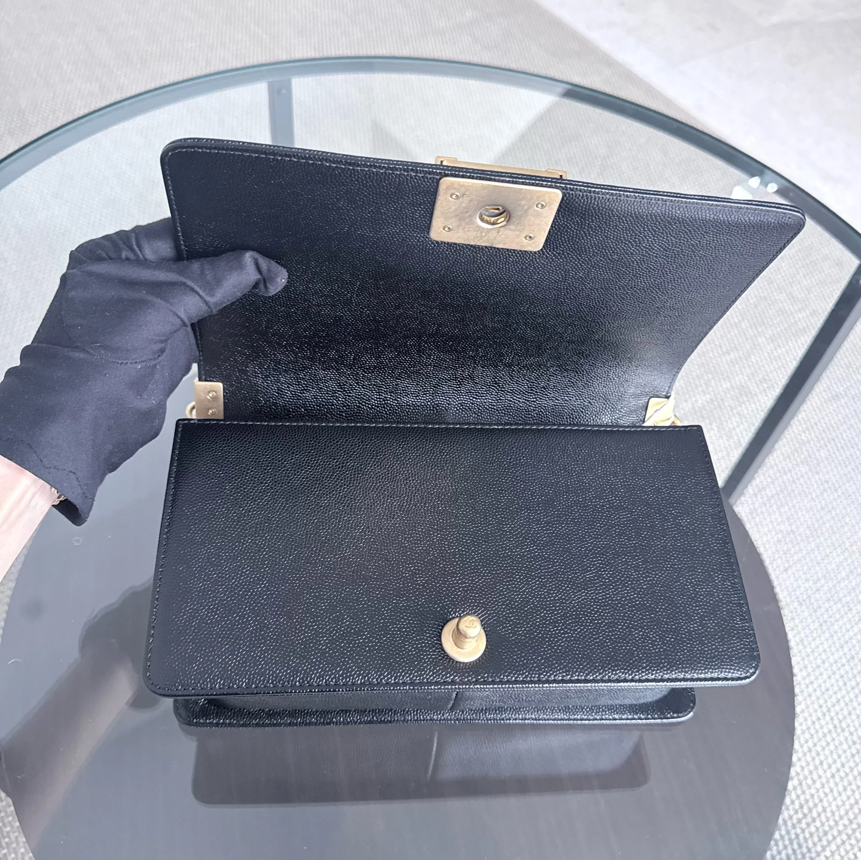 Chanel Boy Medium - Caviar 25CM Chevron Black Gold Hardware Series 24