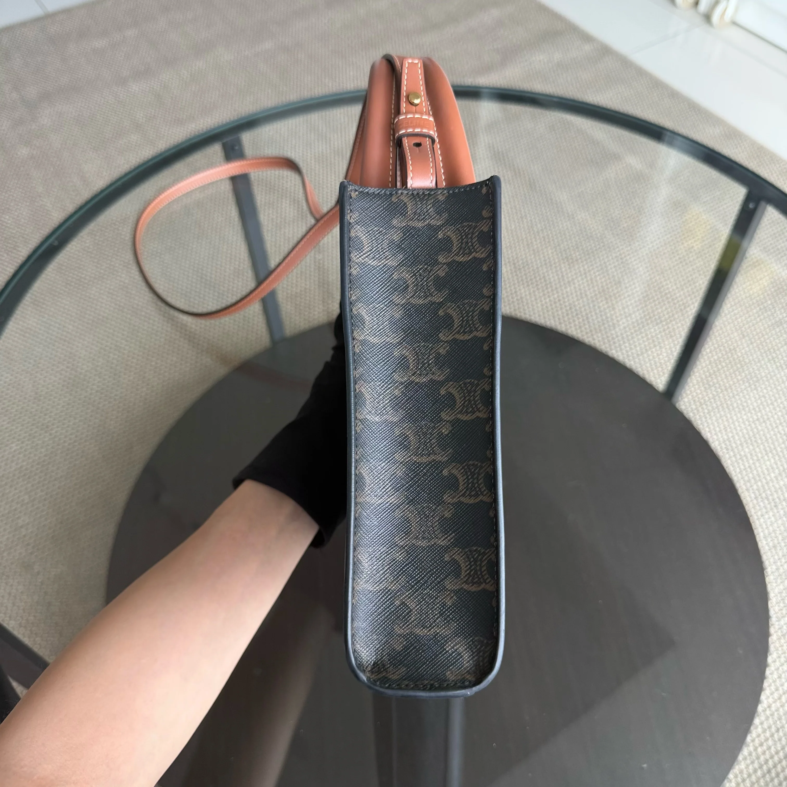 Celine Vertical Top Handle Bag Brown Coated Canvas Gold hardware