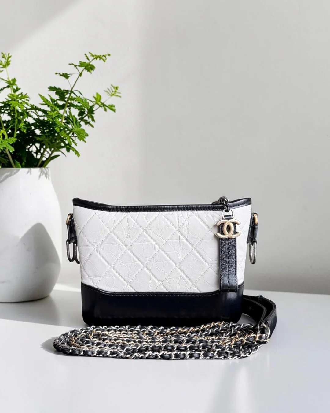 Chanel Gabrielle Small - 20CM Quilted Calfskin White Black Two-Tone Hardware