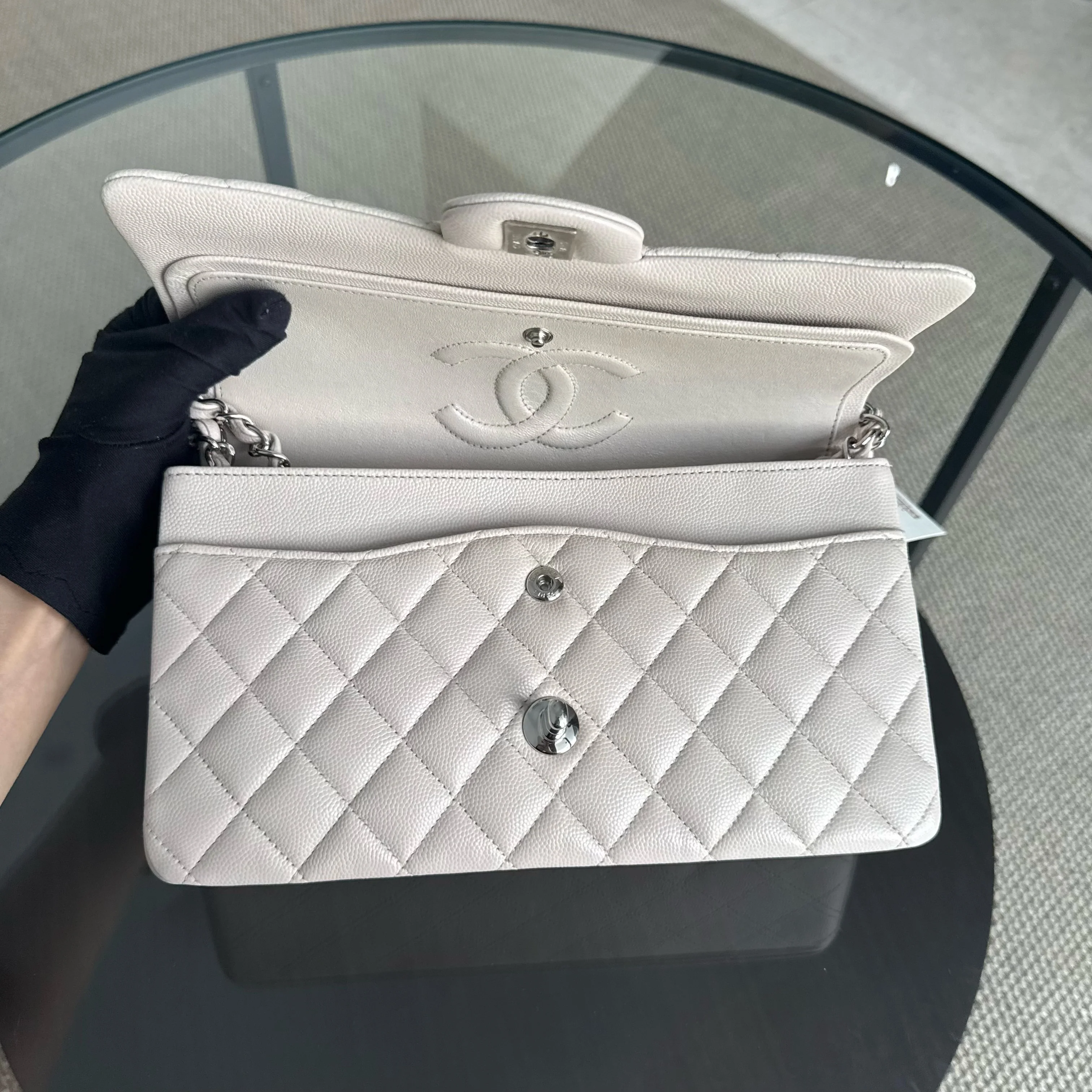 Chanel Classic Flap Medium - Caviar 25CM Quilted Double Flap Light Gray Grey Silver Hardware Series 26